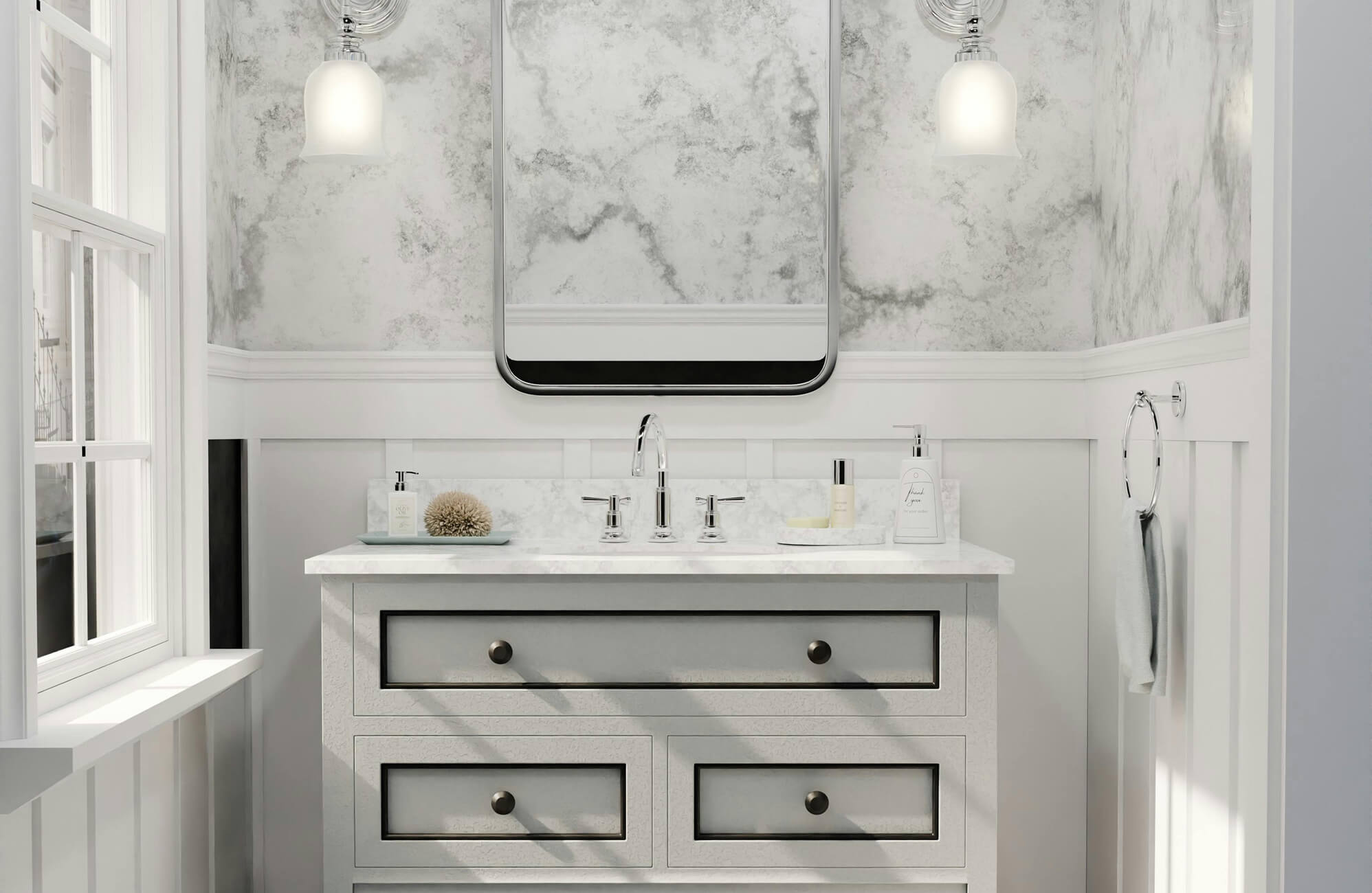 Elegant gray and white bathroom vanity with brushed metal knobs, paired with frosted glass wall sconces and marble-look tile walls.