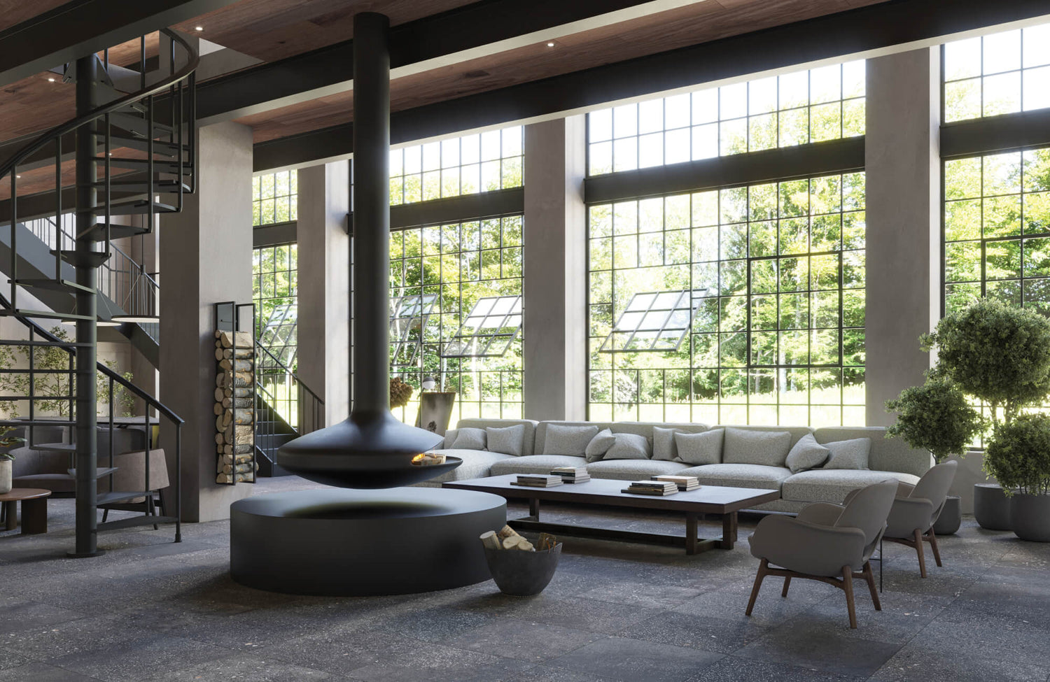 Modern open-plan living area with industrial black spiral staircase, floating fireplace, and large grid windows allowing abundant natural light into a spacious lounge.
