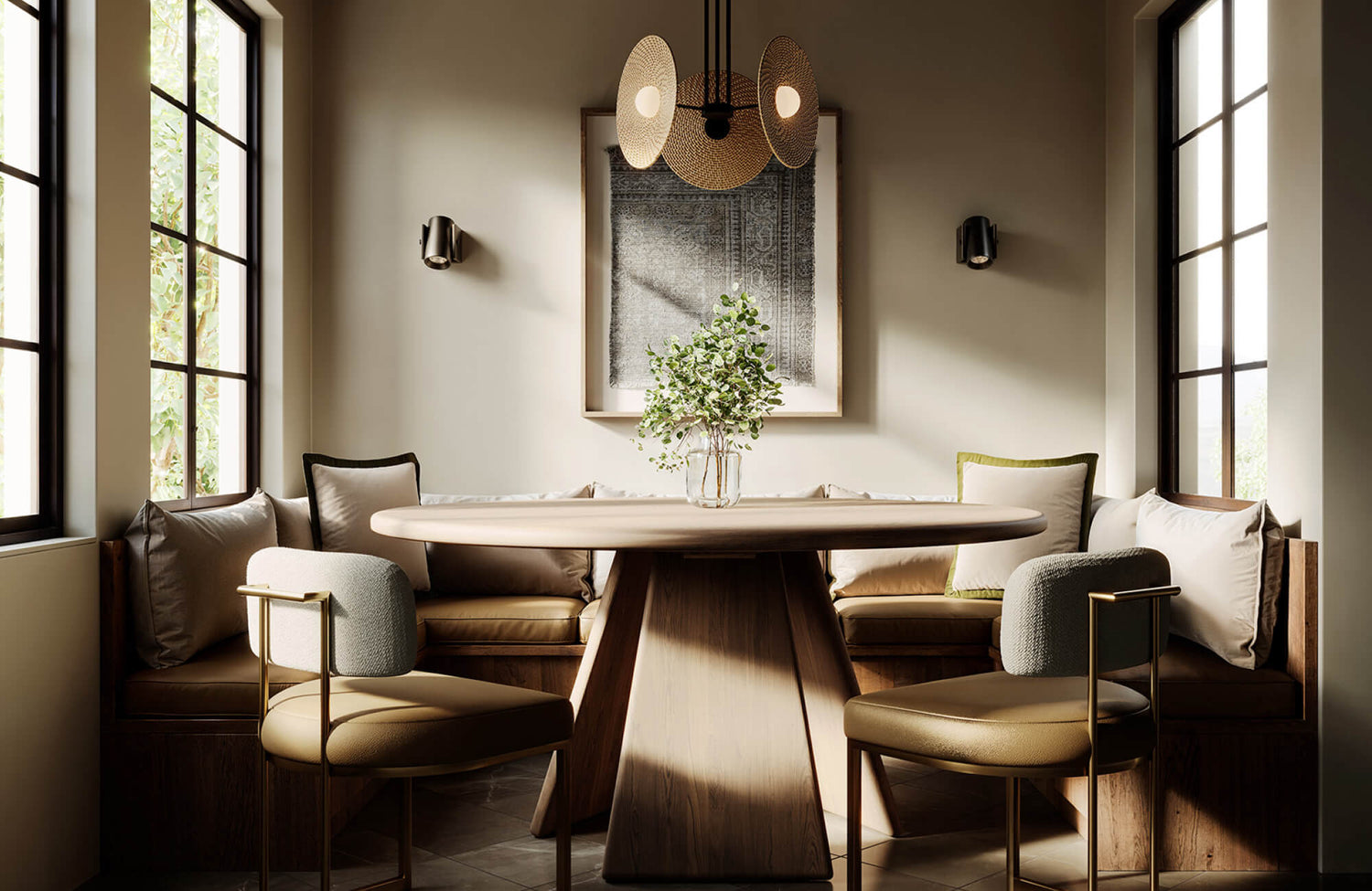 Framed wall art centered above a dining table, showing proper placement, scale, and symmetry to create a balanced focal point in the room