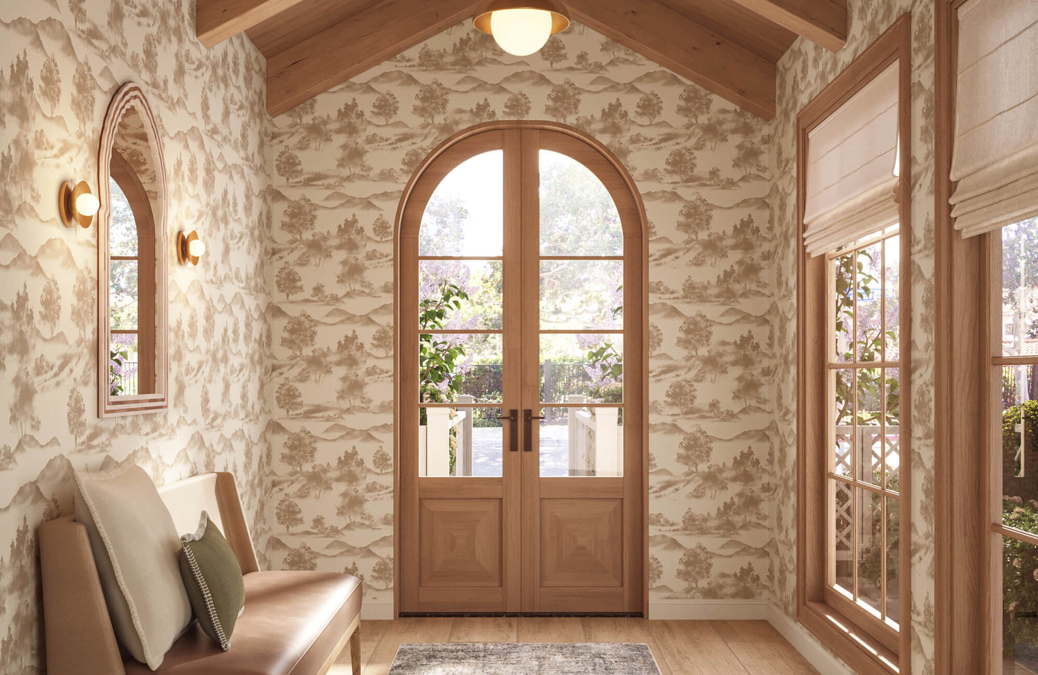 Elegant entryway with arched wood doors, scenic toile wallpaper, warm wood beams, and soft neutral furnishings.