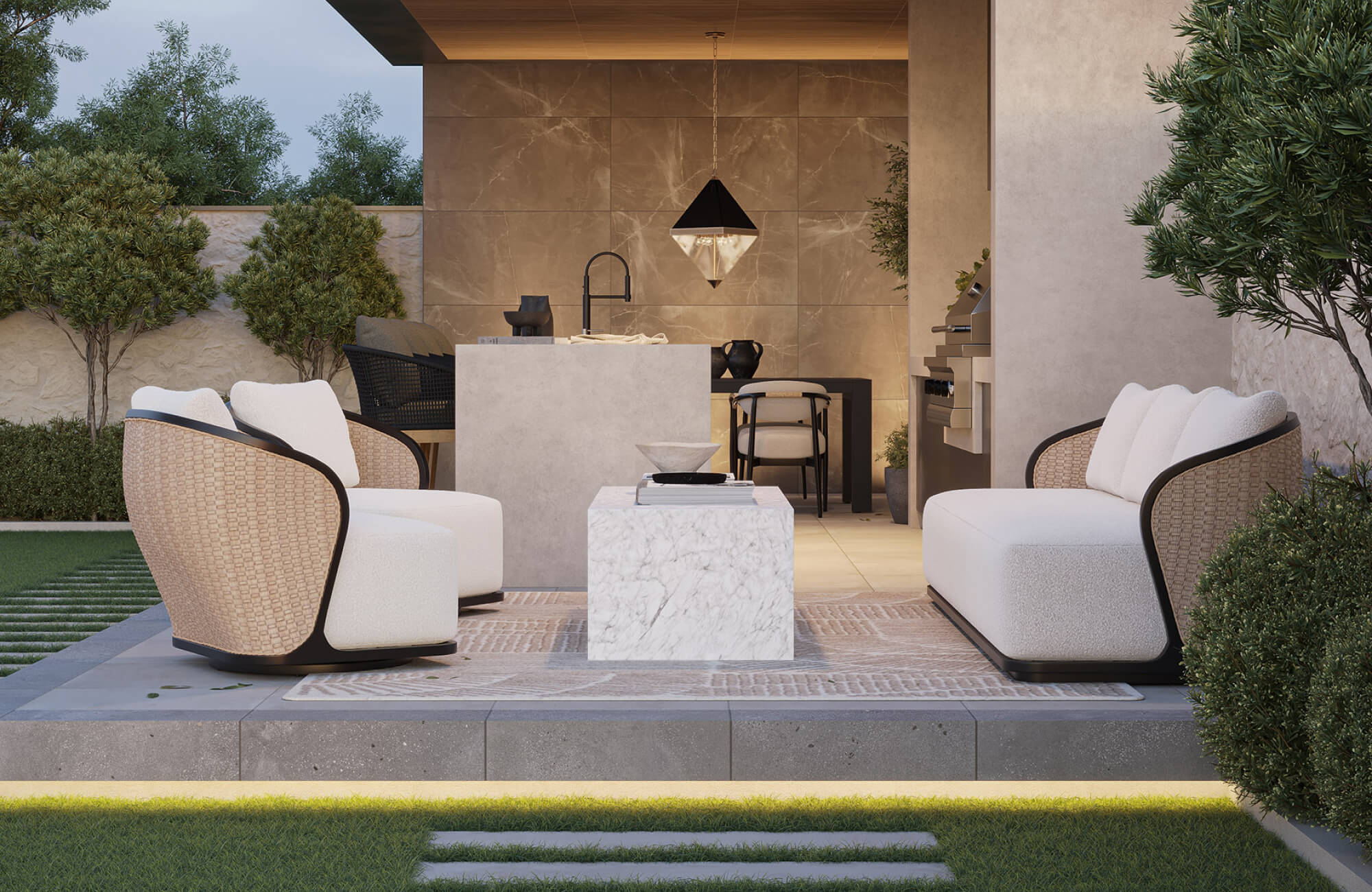 Cozy covered patio with cushioned lounge seating, soft lighting, and a central table, creating a warm outdoor living area that feels inviting and comfortable for relaxing or entertaining.