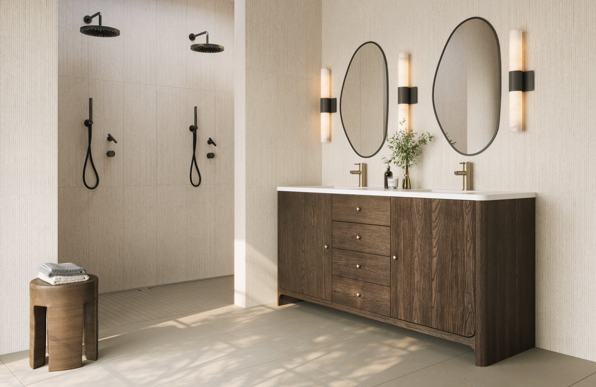 Modern double shower and vanity space with vertical tile grout lines, dark wood cabinets, and soft wall-mounted lighting.