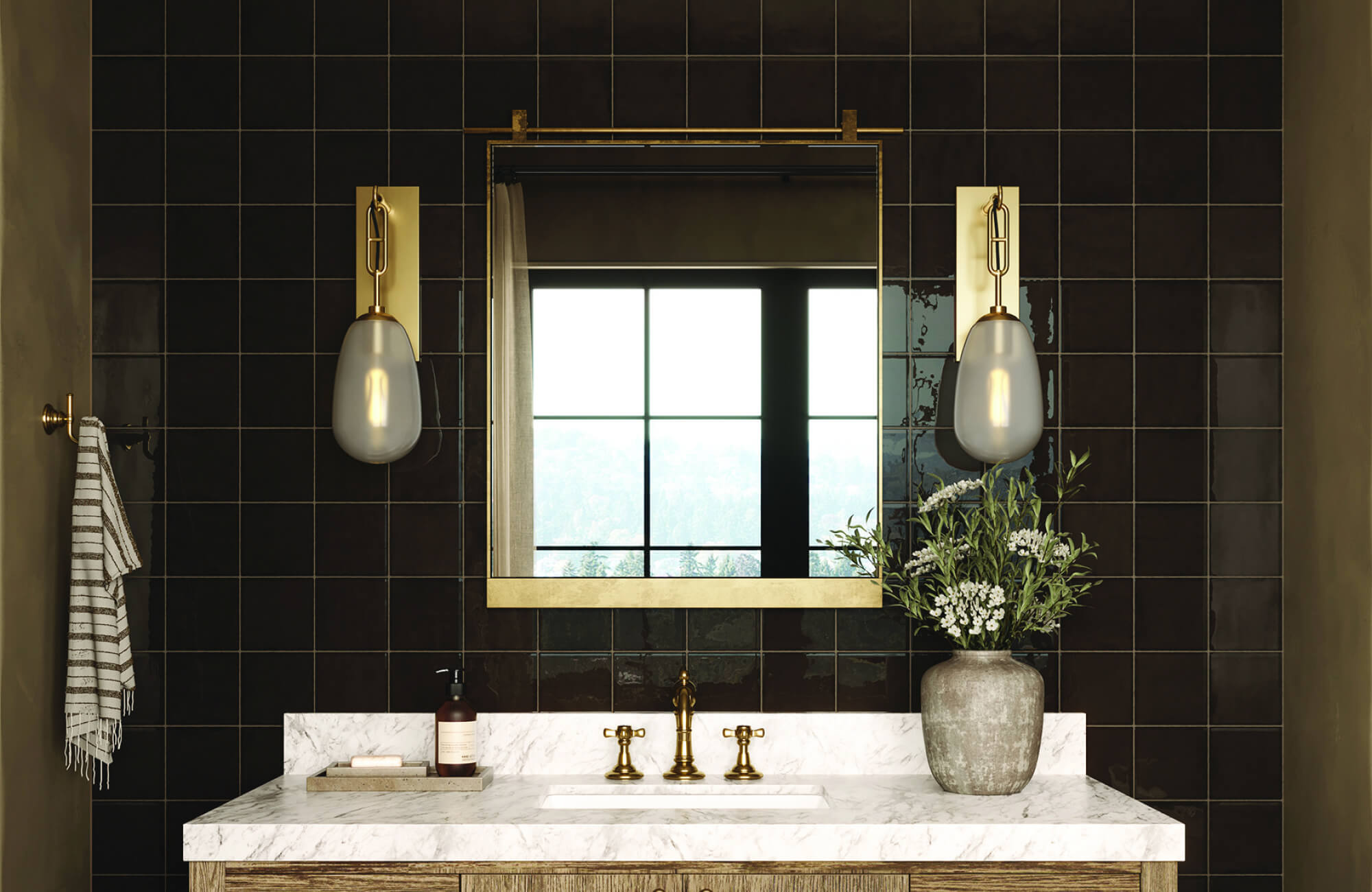 Bathroom vanity with marble countertop, brass fixtures, and twin frosted glass sconces framing a large mirror.