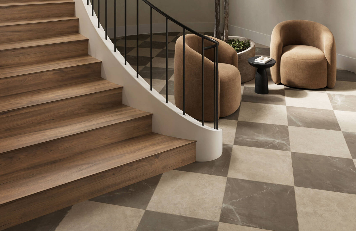 Neutral-toned checkerboard tile flooring in a clean interior setting, showcasing a well-maintained surface with a smooth finish achieved through proper care and restoration.