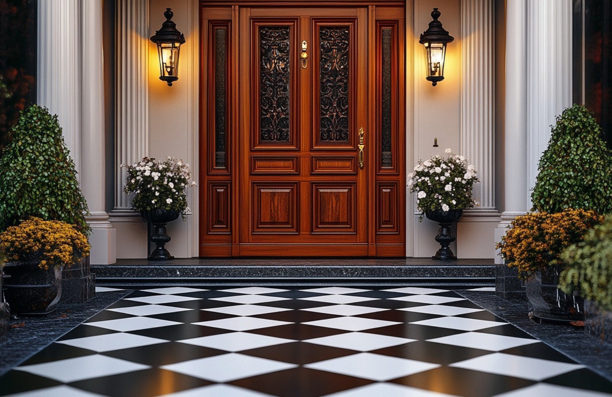 Elegant hallway with green wallpaper, black and white tiles, a gold-framed mirror, red carpet runners, and sunlight streaming through arched windows.