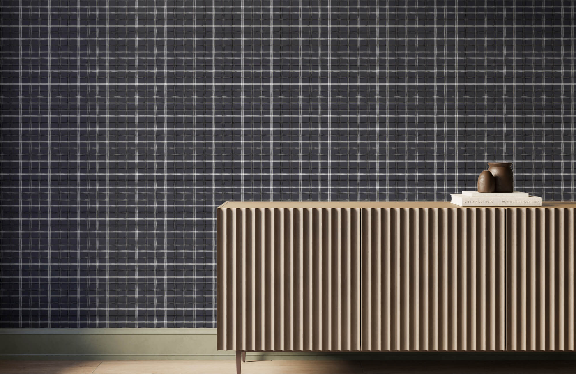 Modern interior with plaid black wallpaper backdrop, featuring a fluted wood sideboard styled with books and a sculptural vase for a refined, minimalist look.