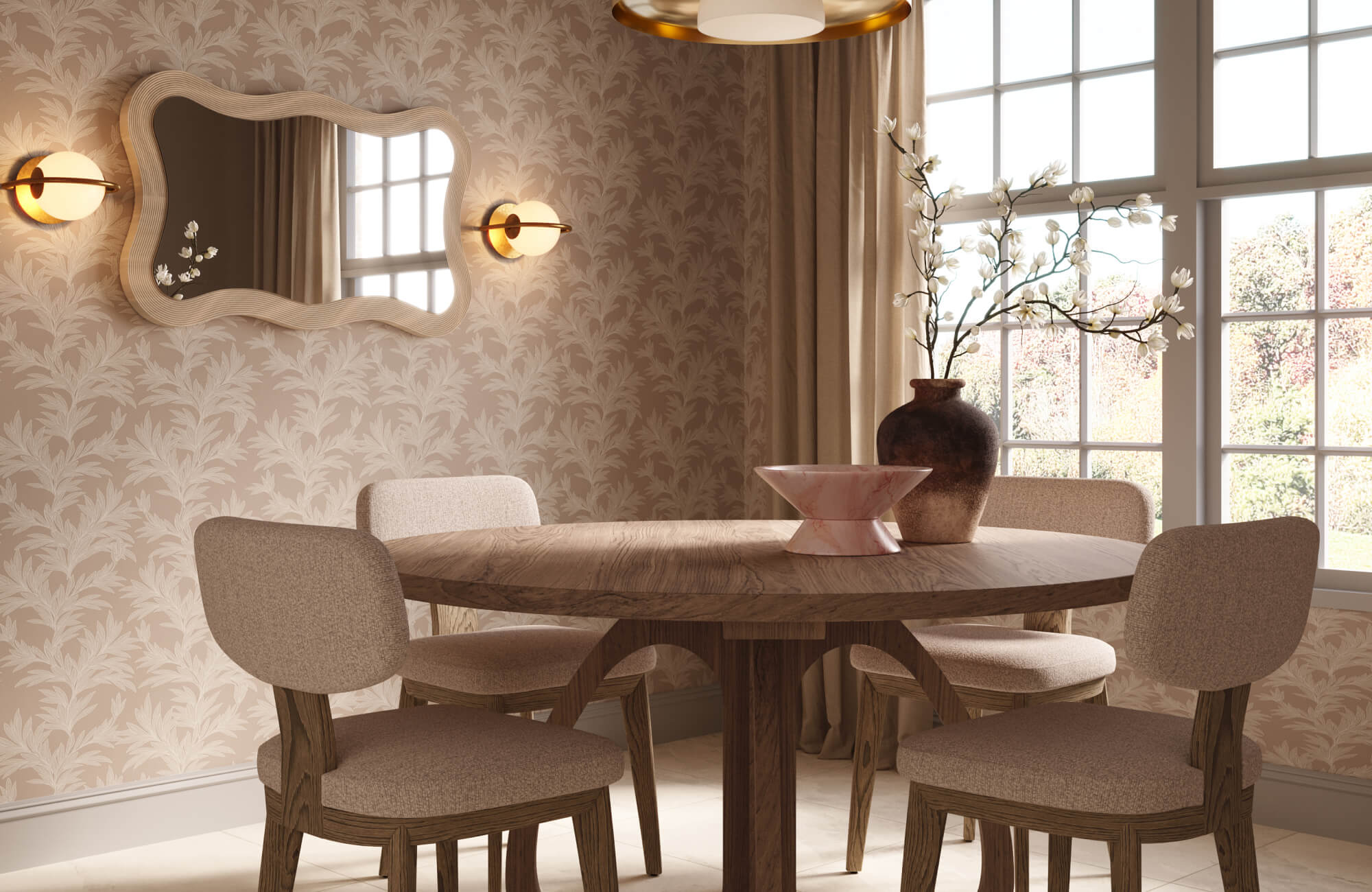 Neutral floral wallpaper with leafy botanical motifs in beige and cream creating a soft modern look in a warm dining room.