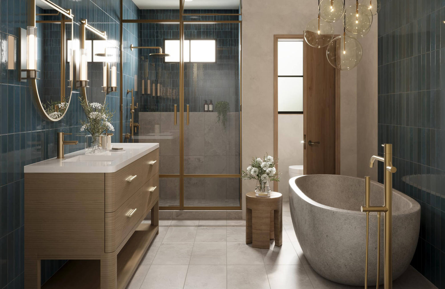 A modern bathroom with updated finishes, showing completed renovation work with new tile, fixtures, and lighting.