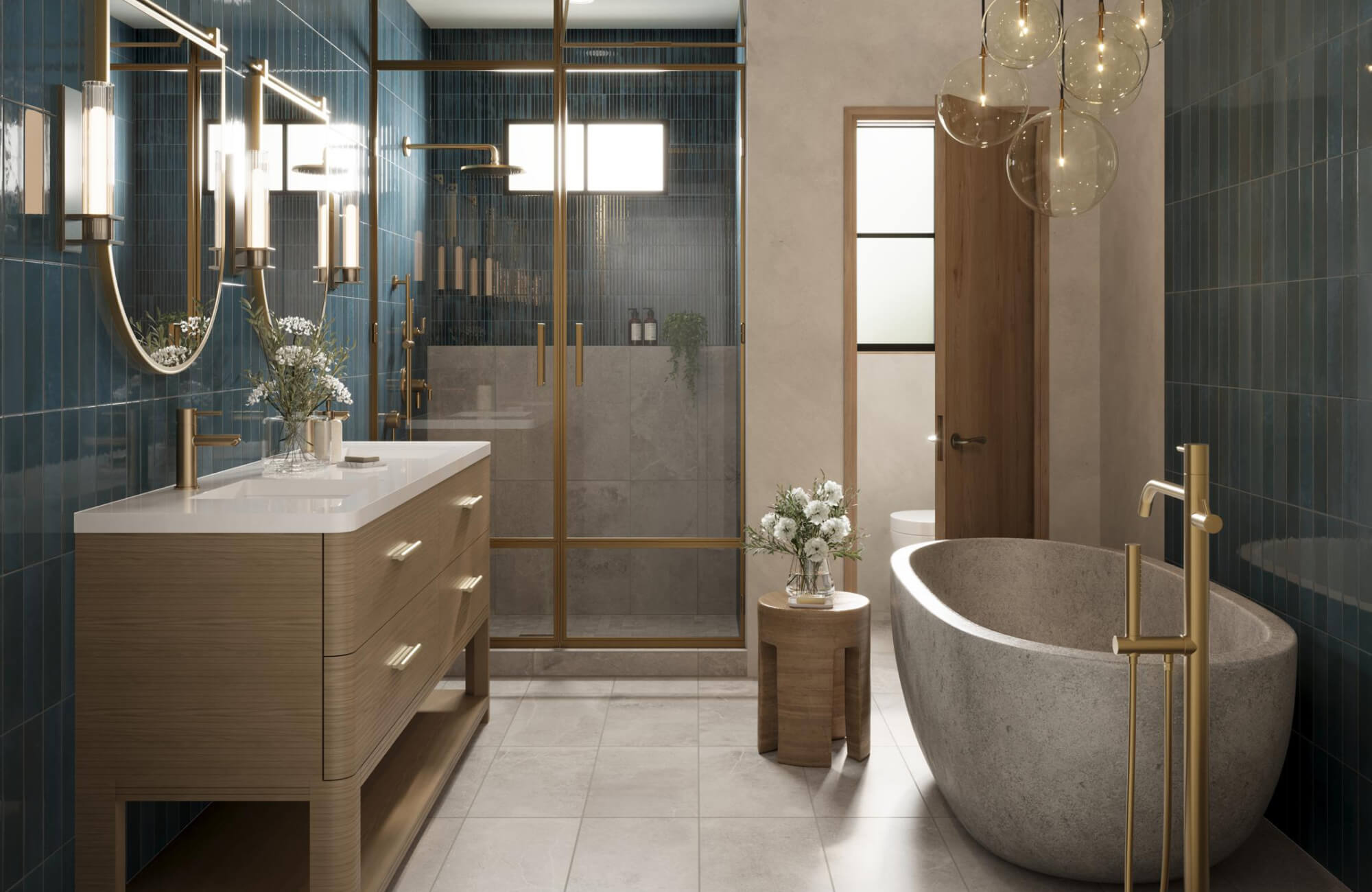 A modern bathroom with updated finishes, showing completed renovation work with new tile, fixtures, and lighting.