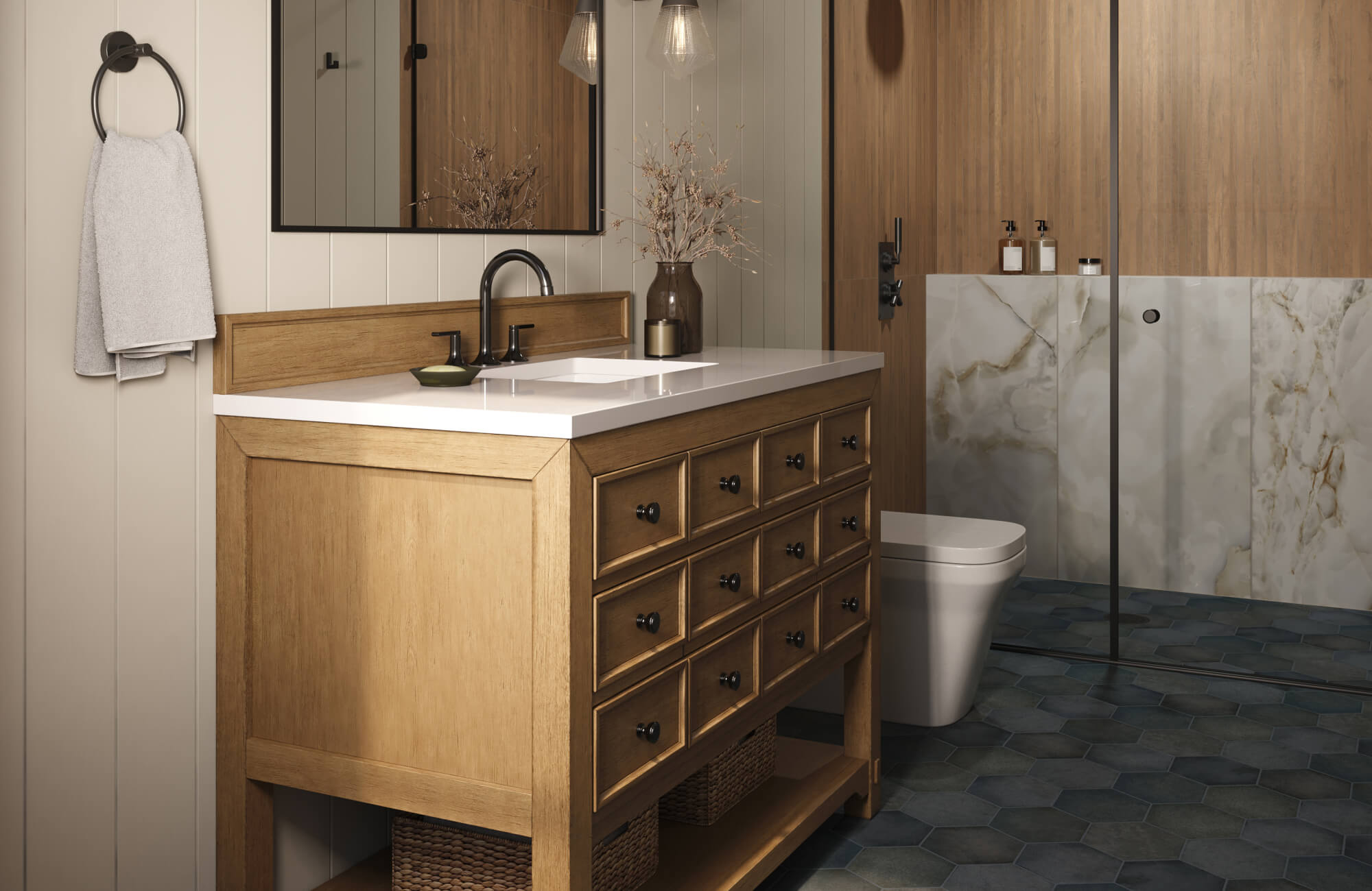 A warm, well-appointed bathroom features a 48 inch vanity crafted in natural wood with a smooth white countertop, multiple storage drawers, open lower shelving, and matte black fixtures.