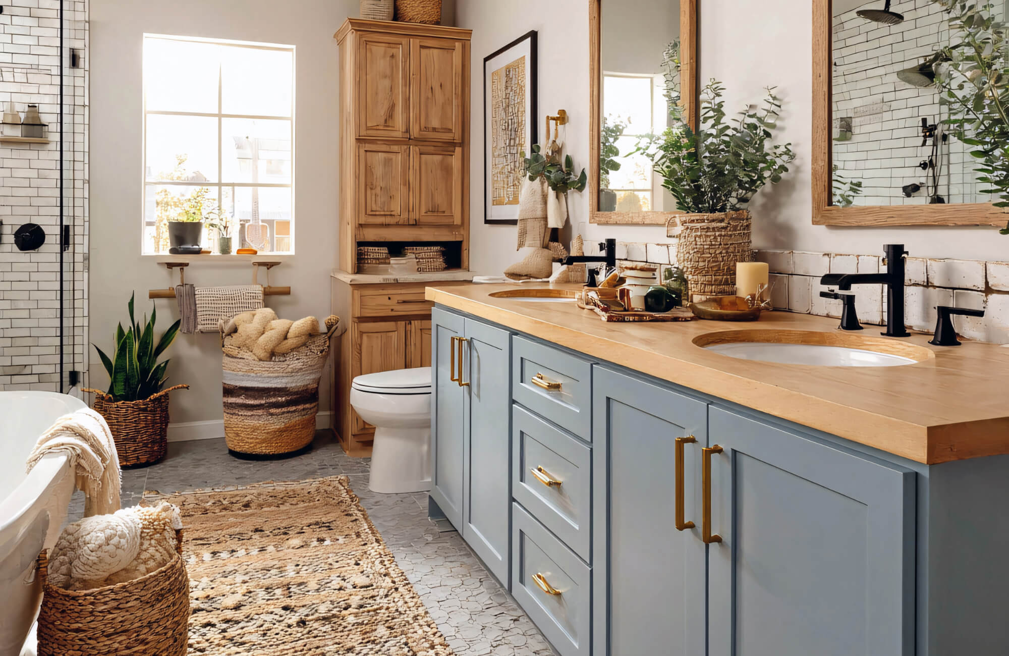 Double sink bathroom vanity with light blue cabinetry, wood countertop, brass hardware, and woven accents in a bright, airy space.