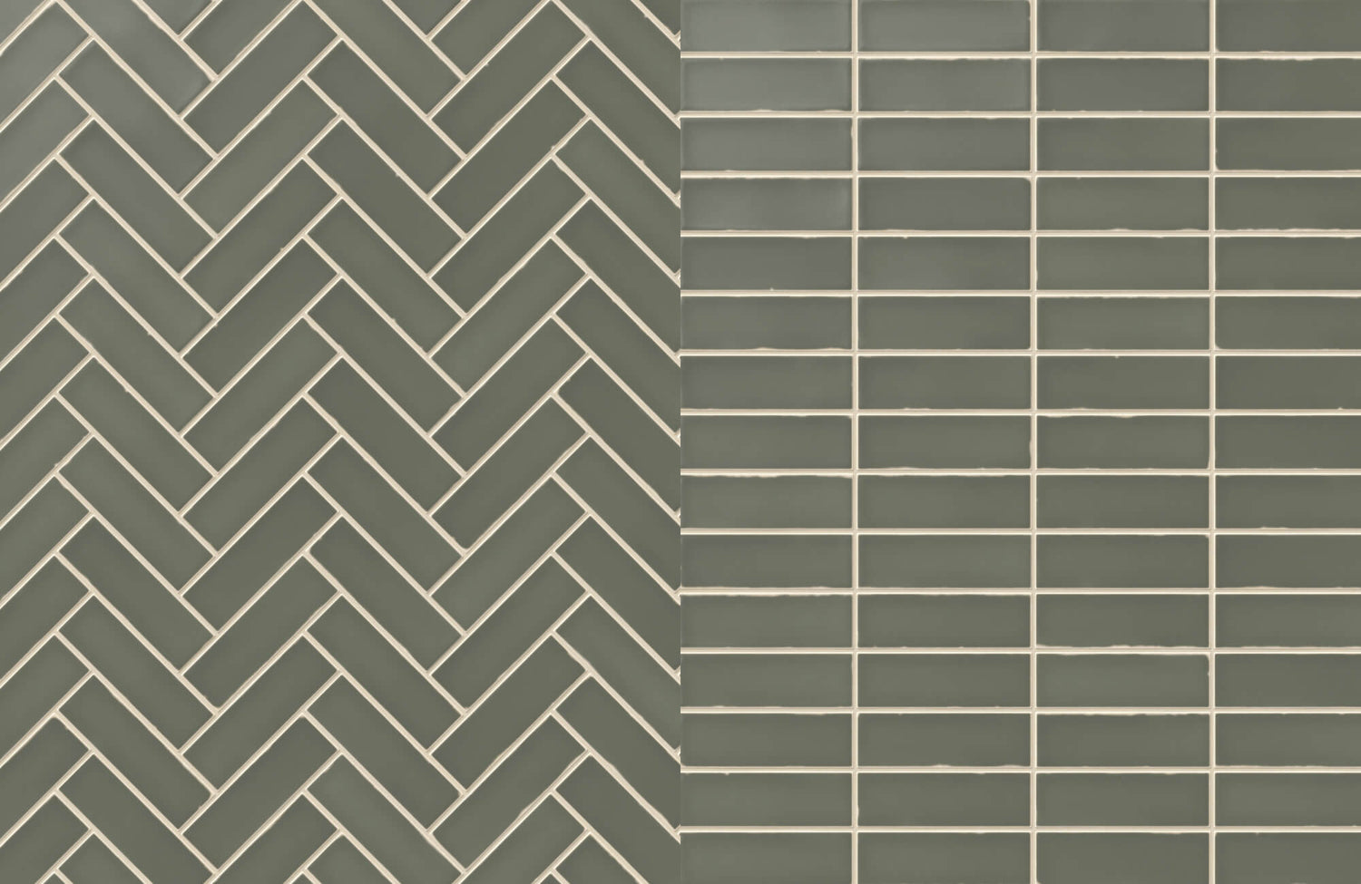 Side-by-side layout of sage green rectangular tiles in herringbone pattern on the left and straight lay pattern on the right.