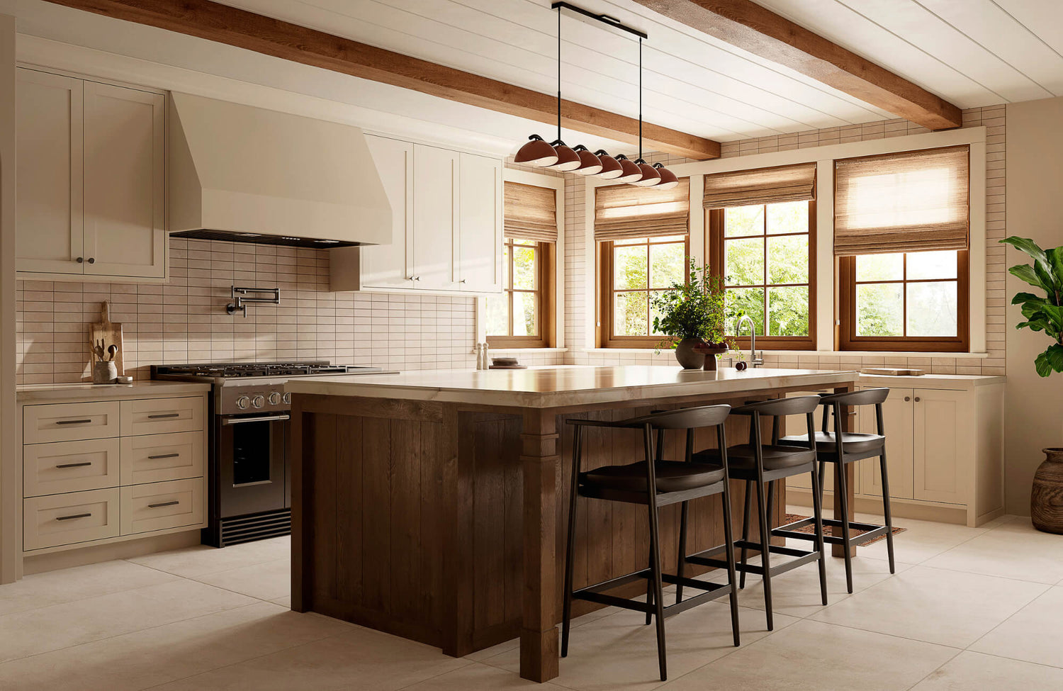 Modern farmhouse kitchen with a wood island, black metal stools, white cabinetry, and warm natural light for a balanced, functional look.