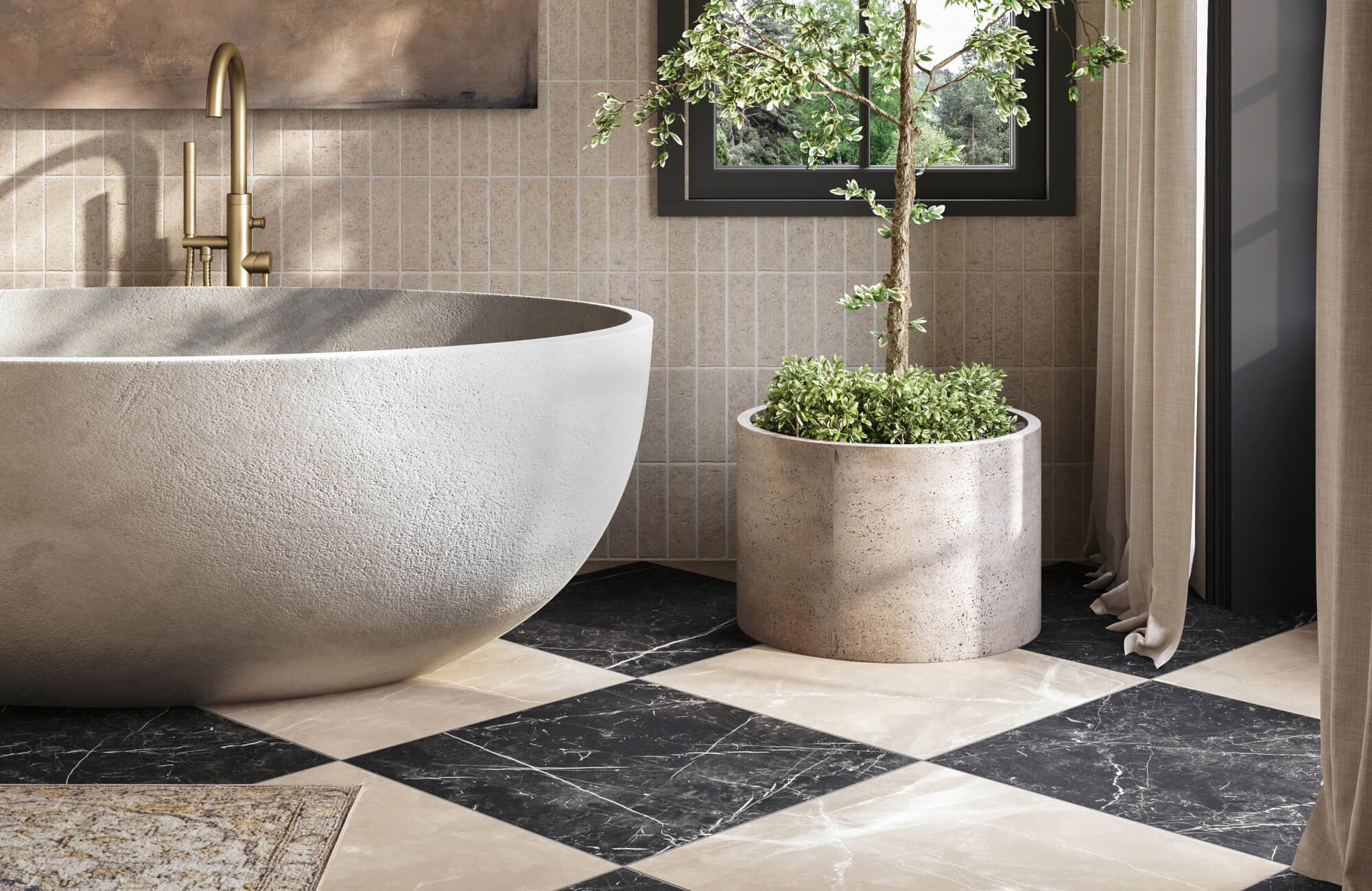 Freestanding stone bathtub beside black-and-cream marble checkerboard floor with beige tile walls and potted olive tree.
