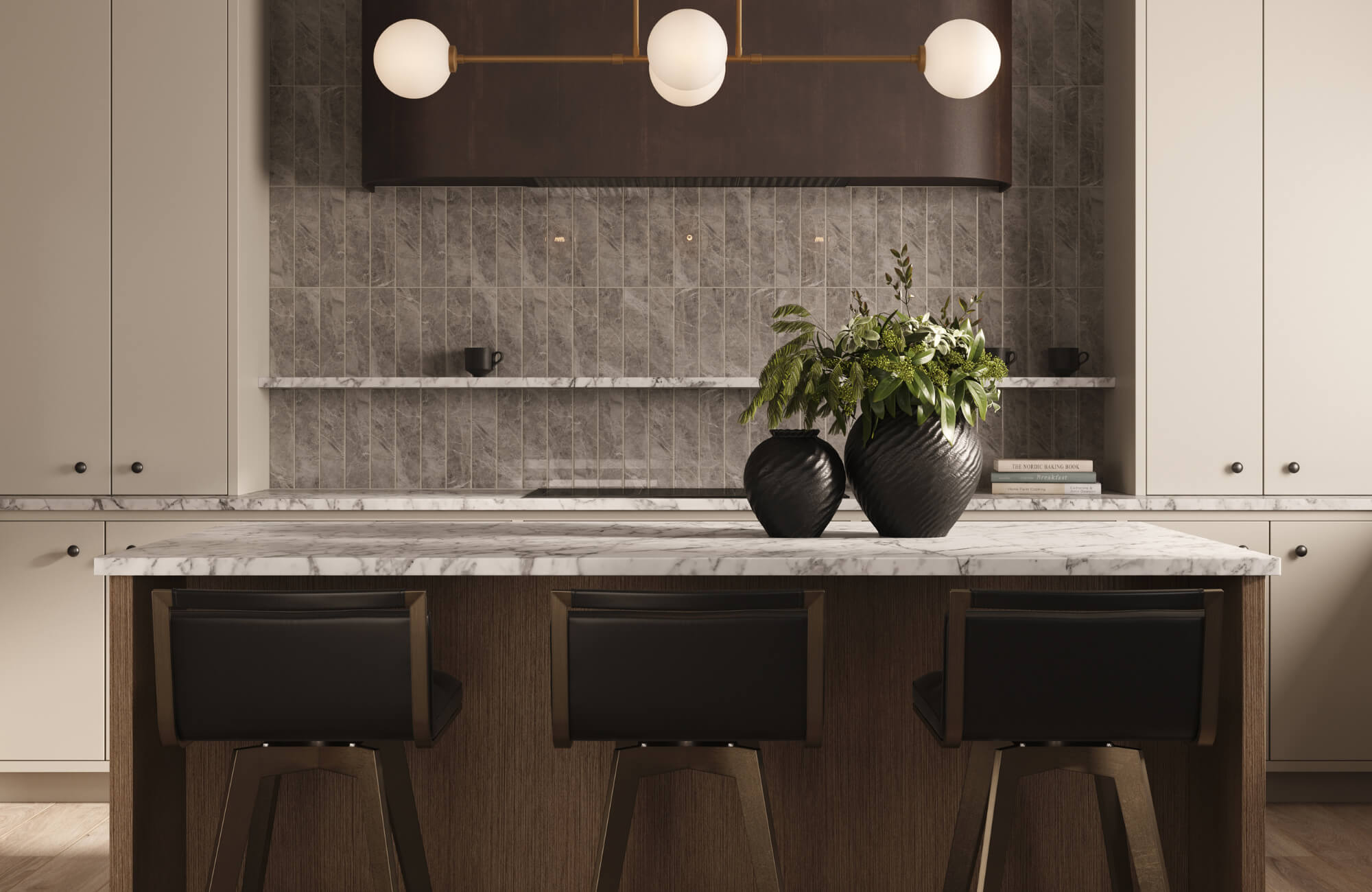 Modern kitchen featuring a gray vertical tile backsplash, marble countertops, and dark accents under warm globe pendant lighting.
