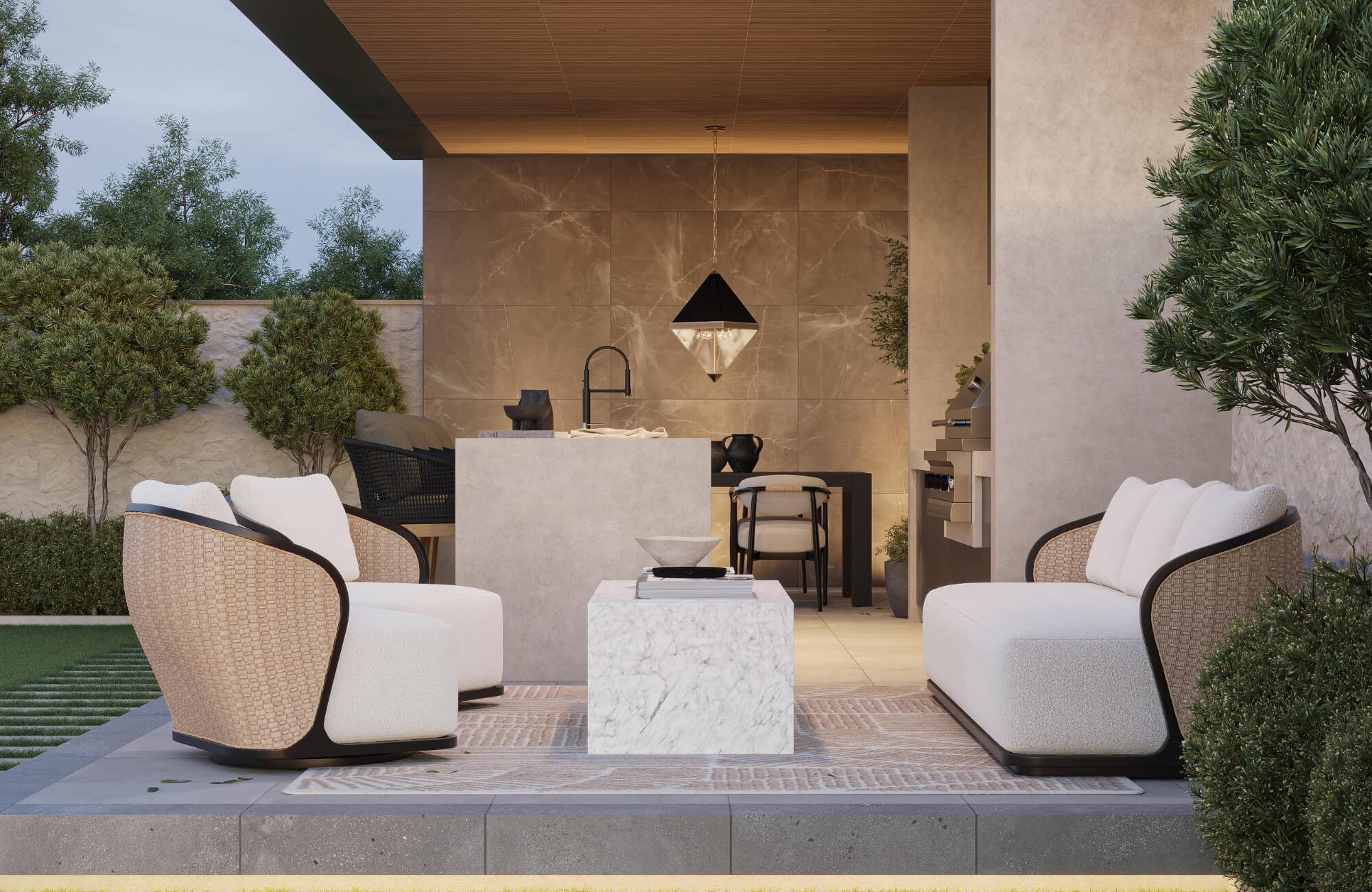 Outdoor living area with modern seating and neutral-toned terrazzo-style flooring, creating a seamless transition between interior and exterior spaces.