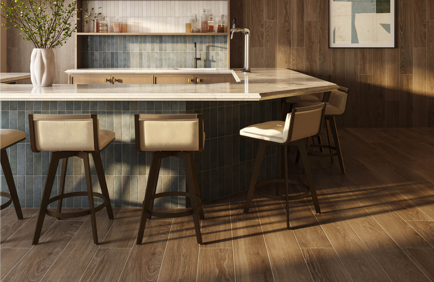 Stylish home bar with vertical blue tile, marble countertop, and cream barstools on warm wood look tile flooring.