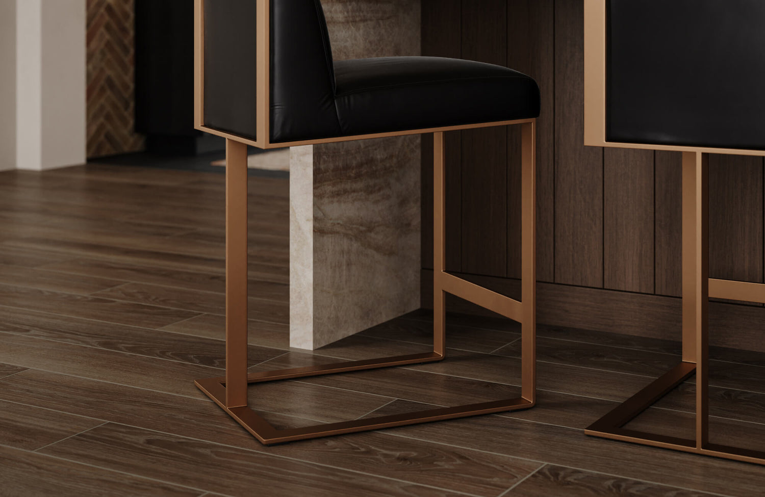 Close-up of dark wood look tile flooring beneath modern bar stools with metal frames, highlighting scratch resistance and durability in a busy kitchen setting