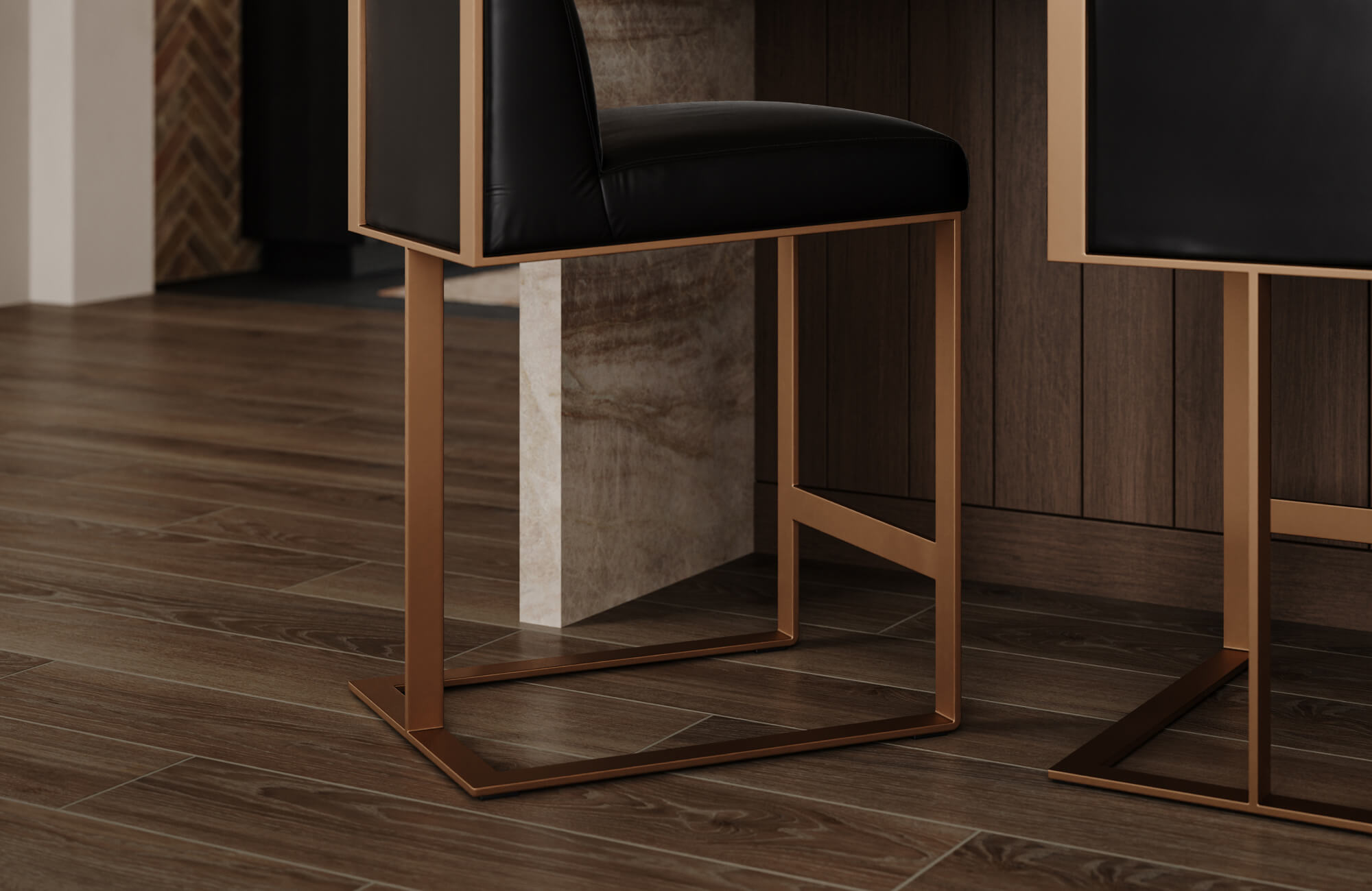 Close-up of dark wood look tile flooring beneath modern bar stools with metal frames, highlighting scratch resistance and durability in a busy kitchen setting