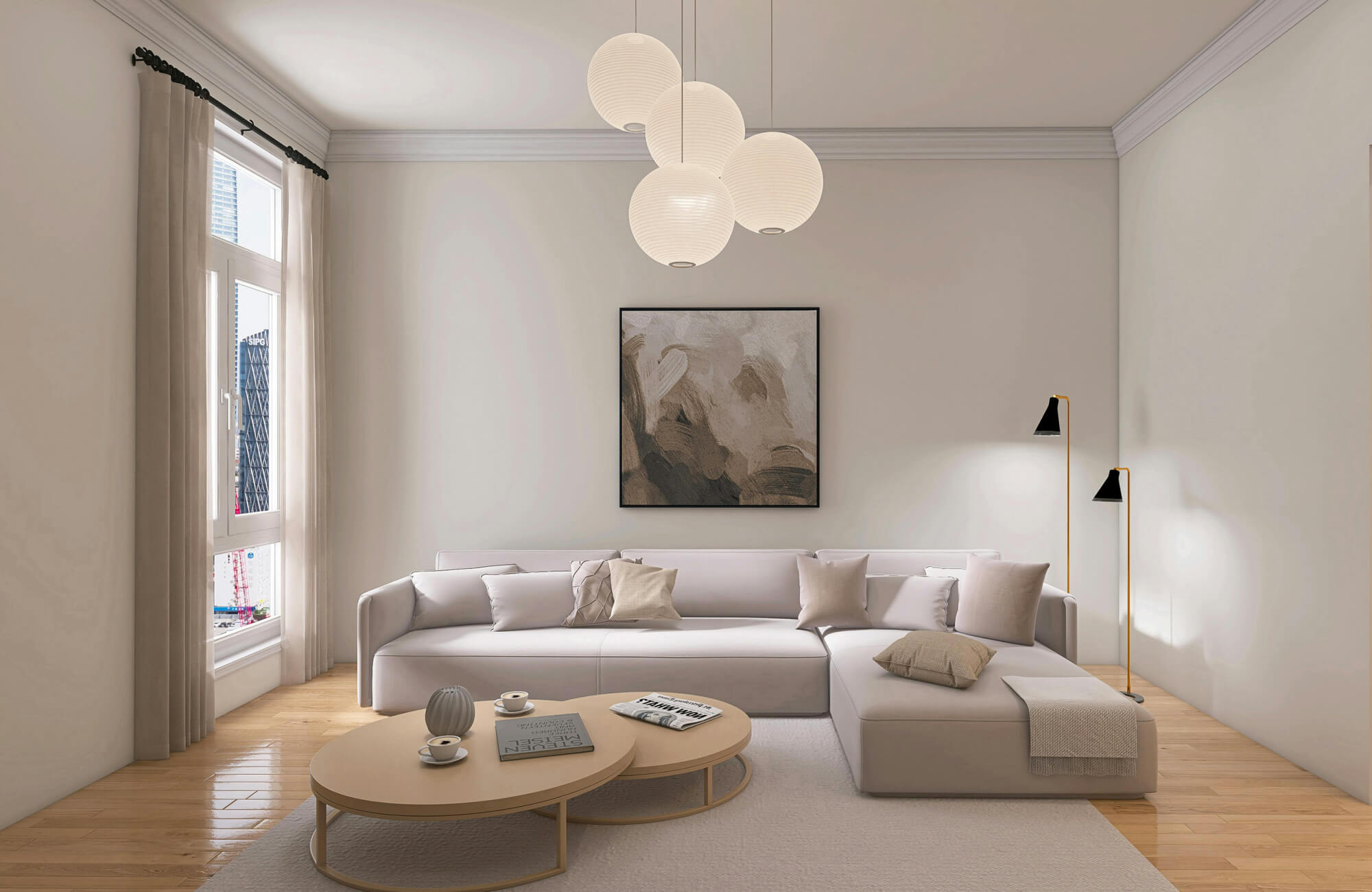 Minimal living room with neutral palette, layered textures, sculptural lighting, and centered artwork for subtle depth
