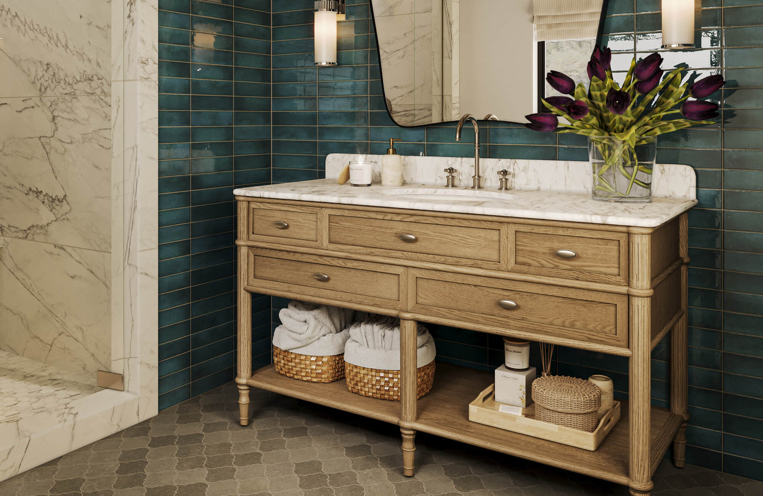 A modern bathroom vanity crafted from warm natural wood and classic detailing, with a white marble countertop, set against deep teal tile walls, brushed metal fixtures, soft wall sconces, and styled with woven baskets and fresh florals.