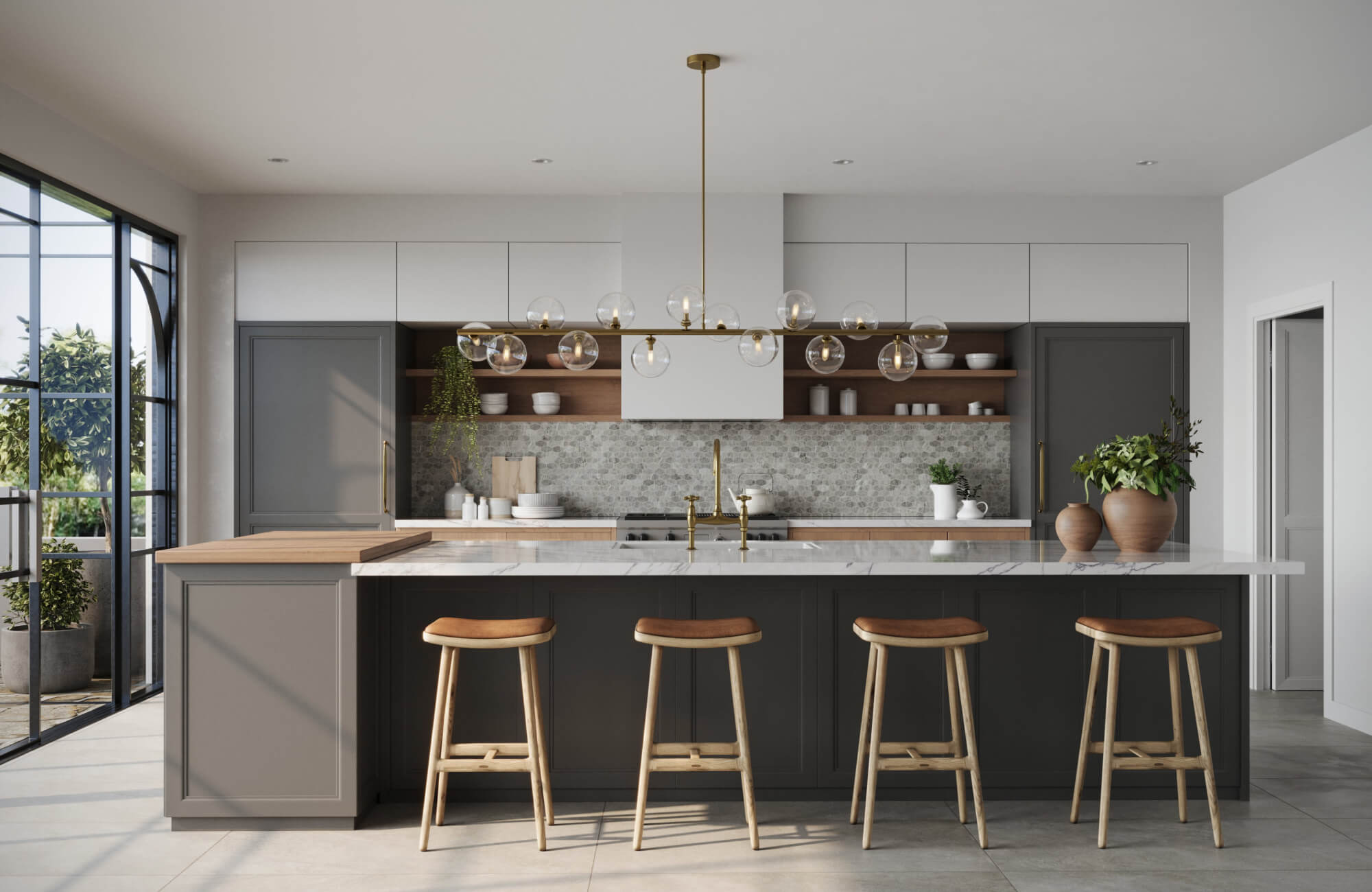 Contemporary kitchen with flat-front cabinetry, mixed neutrals, open shelving, and a clean-lined island for a modern feel