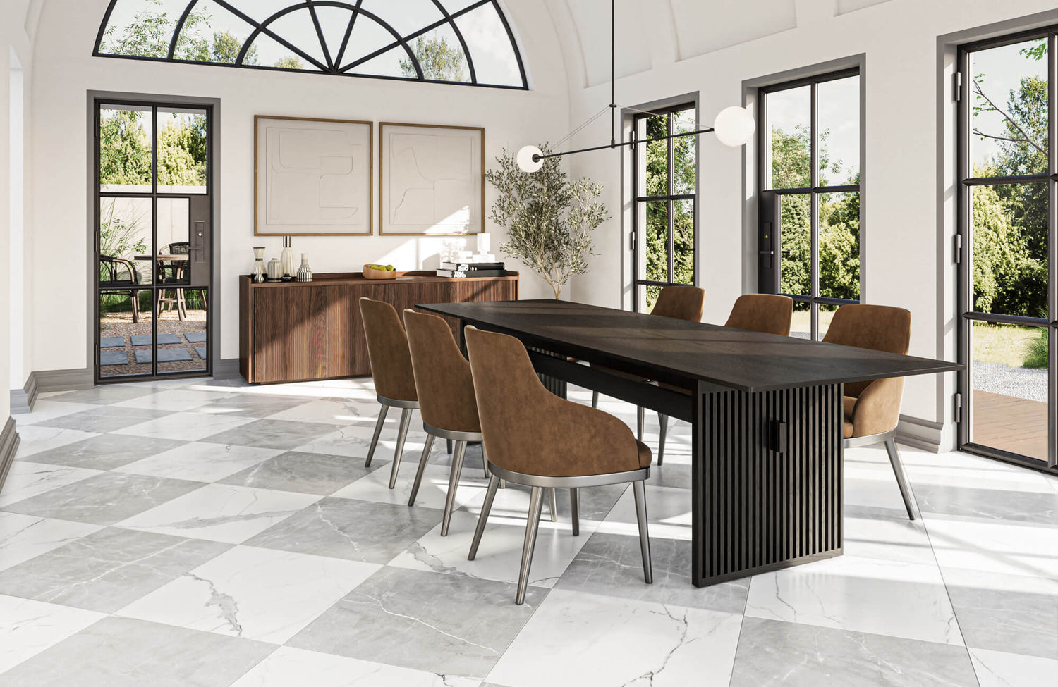 A modern dining room with a bold black table, suede chairs, and elegant checkerboard marble look tile flooring in white and gray hues exudes sophistication and style.