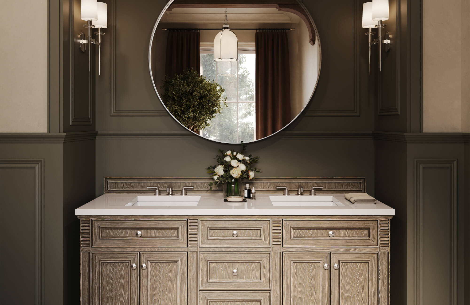 Elegant bathroom interior featuring a 72-inch double-sink vanity in light wood with a large round mirror and soft wall sconces.