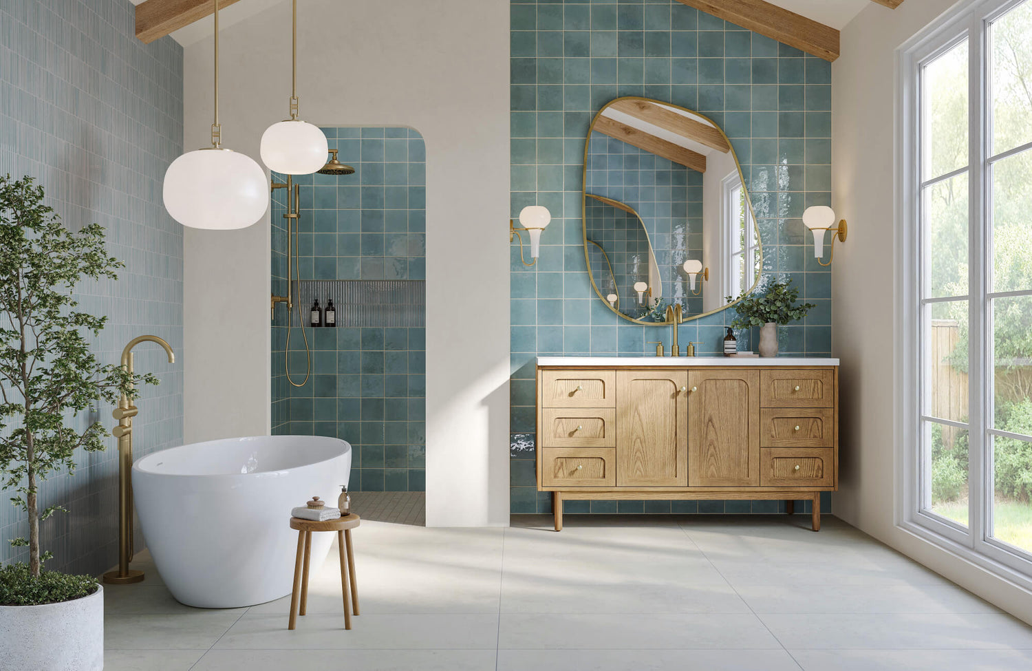 Large format ivory bathroom floor tiles with a smooth matte finish ground the space, balancing the warmth of wood and teal walls.