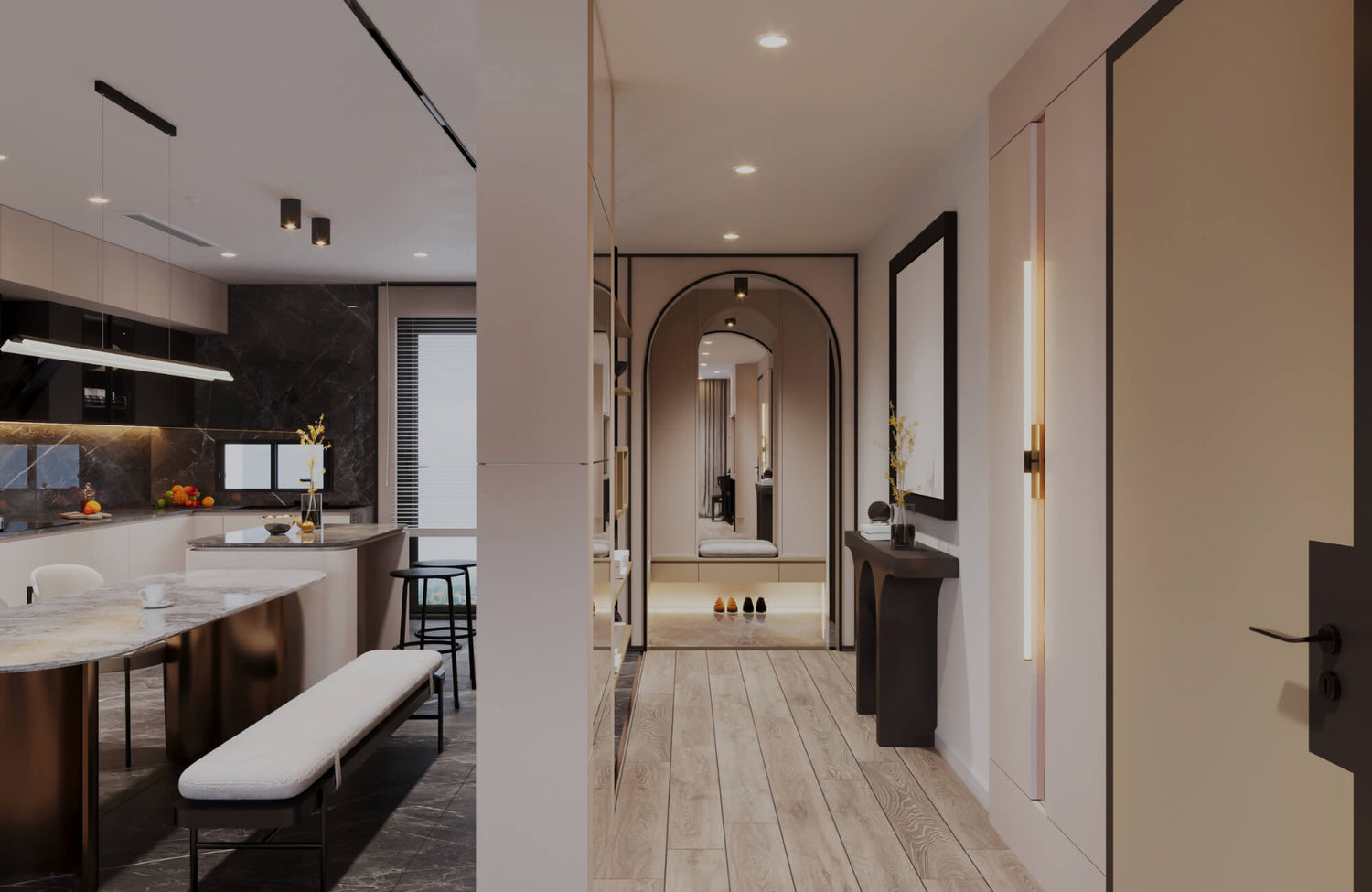 Modern hallway with an arched mirror, black accents, wood flooring, and a view into a sleek kitchen with marble finishes.