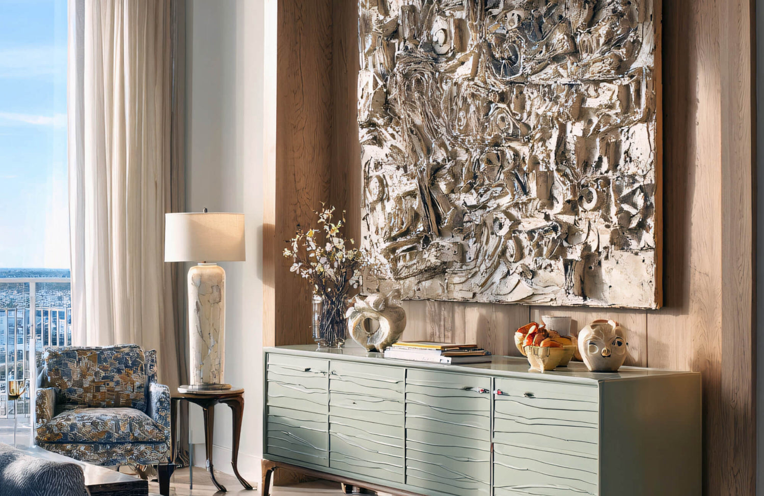 A modern sideboard with sculptural decor and a large abstract artwork above, styled beside a patterned armchair and tall lamp.