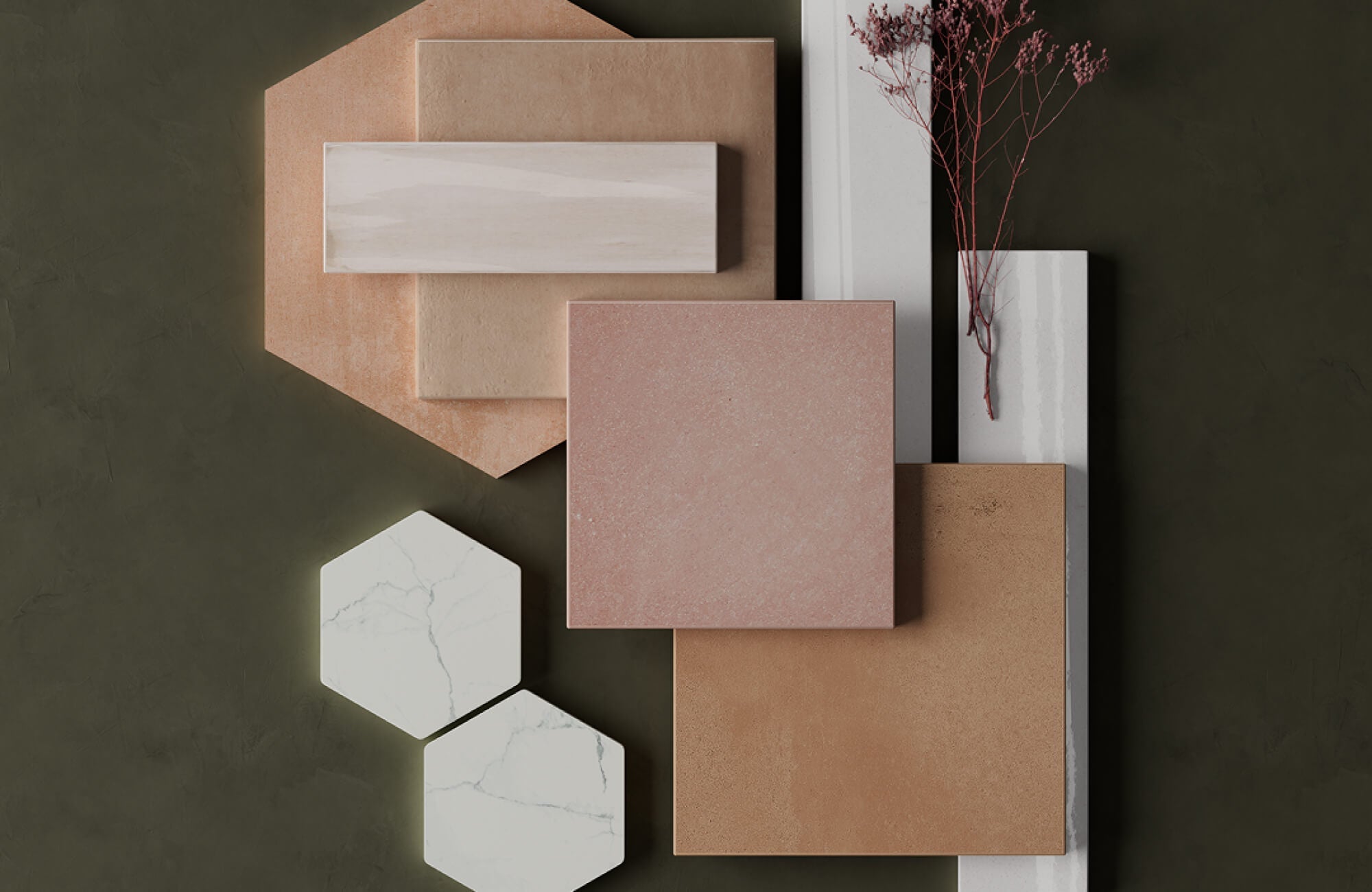 Curated tile samples in warm earthy tones layered with geometric shapes and soft textures for a cohesive material palette inspiration.