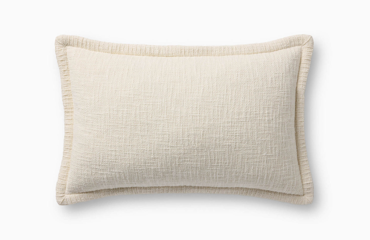 Cream rectangular throw pillow with textured woven fabric and raised border trim on a white background.