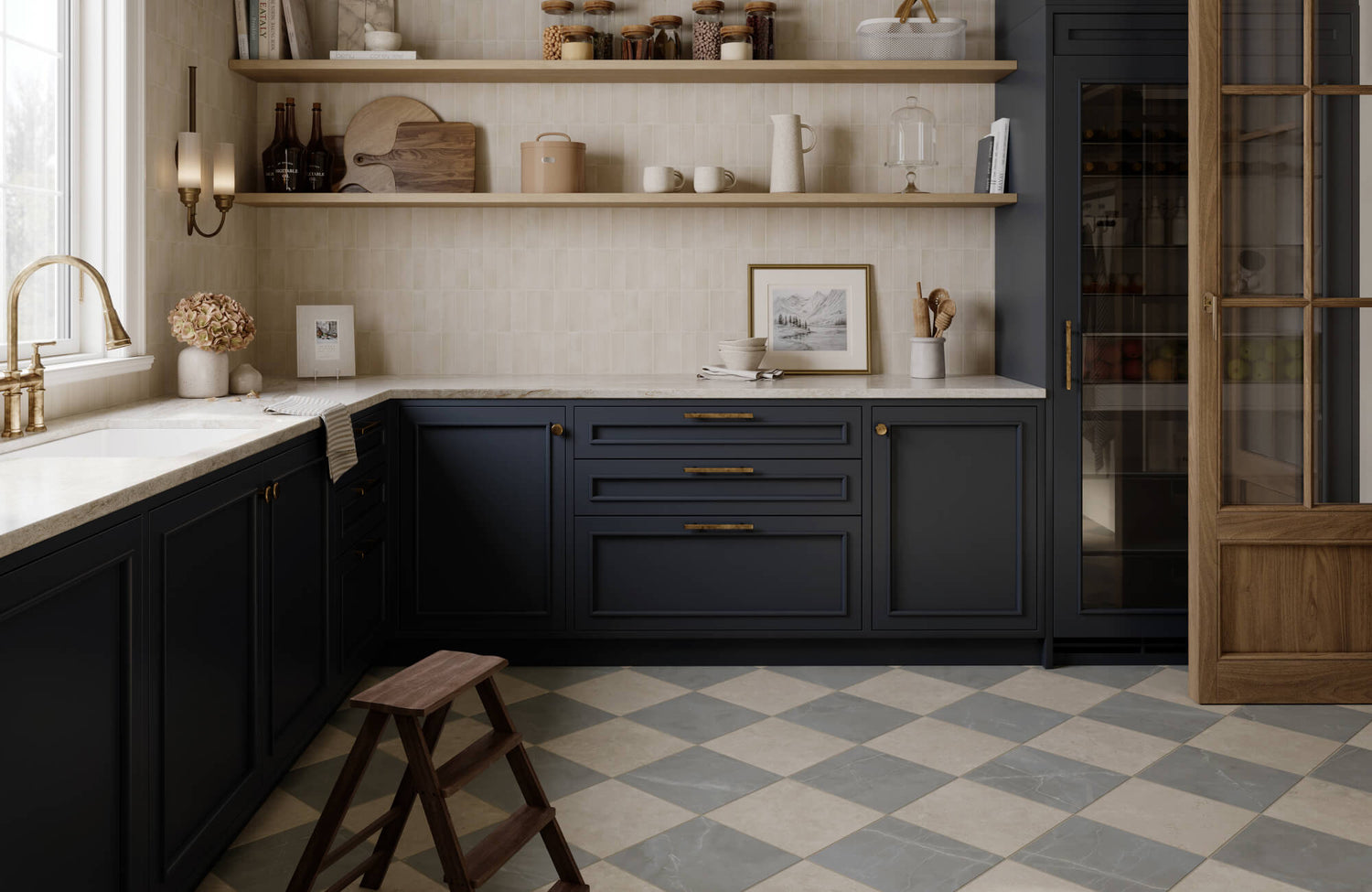 Elegant kitchen with navy cabinetry and checkerboard marble look porcelain tile floor in soft grey and cream tones.