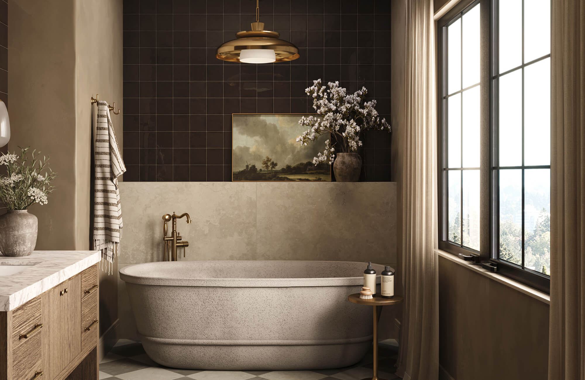 Elegant bathroom with a brass pendant light above the bathtub and frosted glass wall sconces flanking the mirror, casting a warm and luxurious glow across the serene space.