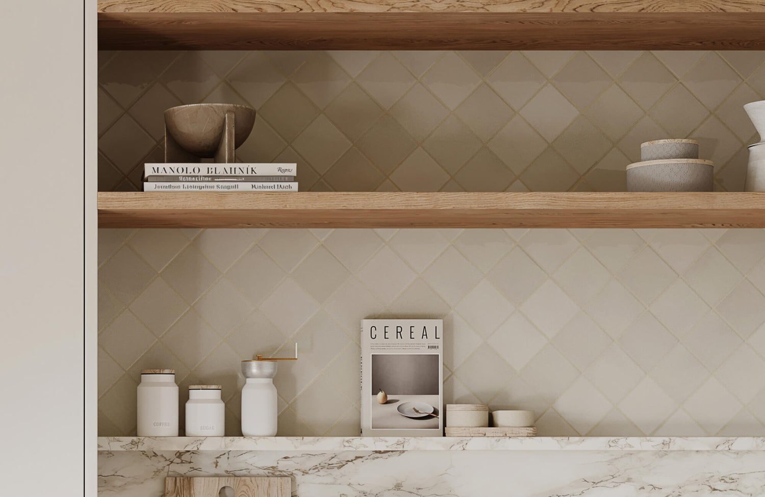 Minimalist kitchen with a warm beige Zellige tile backsplash arranged in a diamond pattern, complemented by natural wood open shelves and elegant marble countertops for a soft, timeless aesthetic.