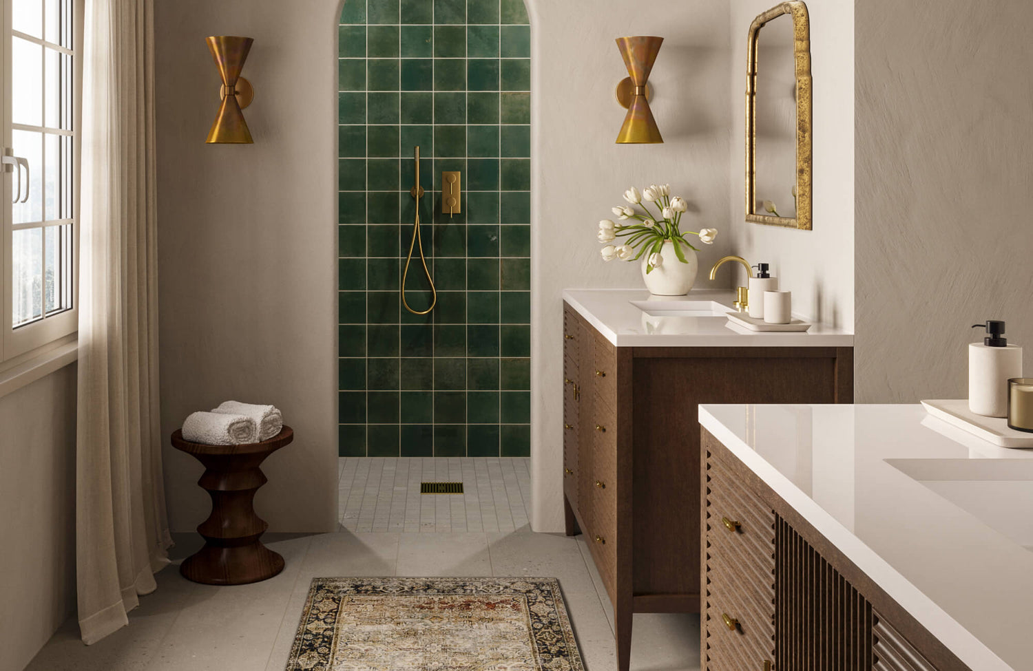 Modern wood vanity with clean lines and integrated storage, paired with warm lighting and a sleek countertop in a refined bathroom setting.