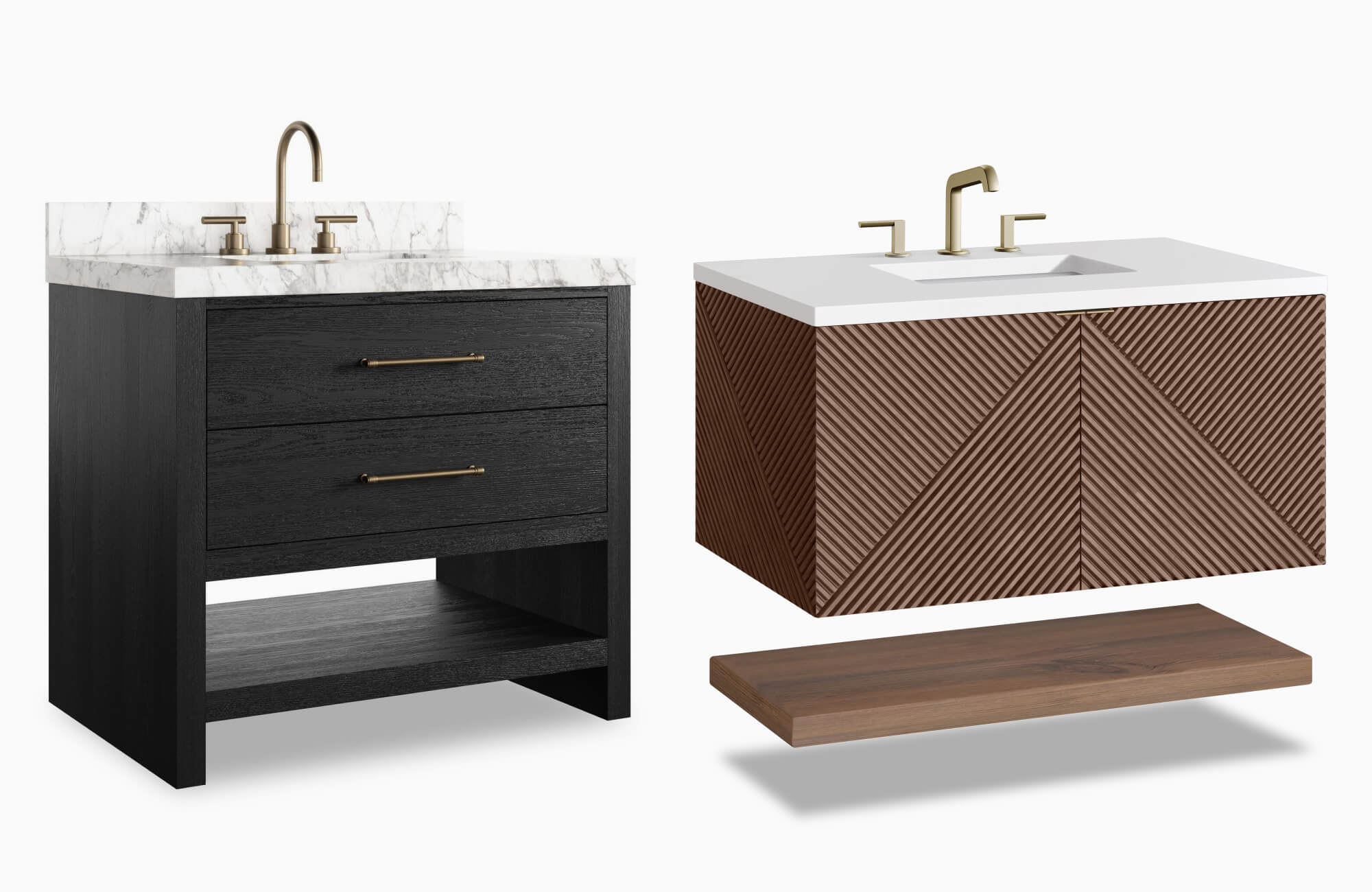 Freestanding vanity with drawers and open shelf shown next to a wall-mounted vanity with geometric wood detail and floating shelf, both featuring modern brass faucets.