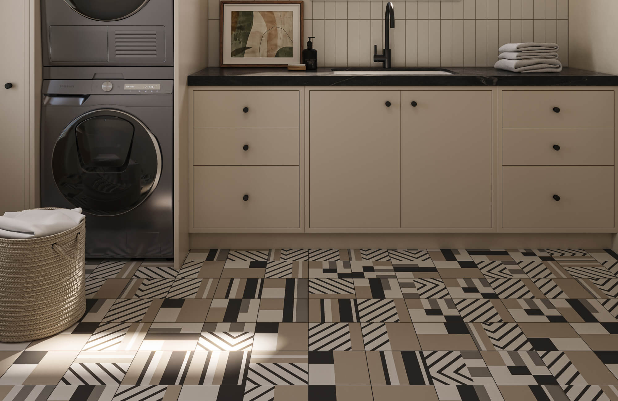 Geometric patterned floor tile with mixed stripes and blocks creating a bold, rhythmic layout in a utility space.