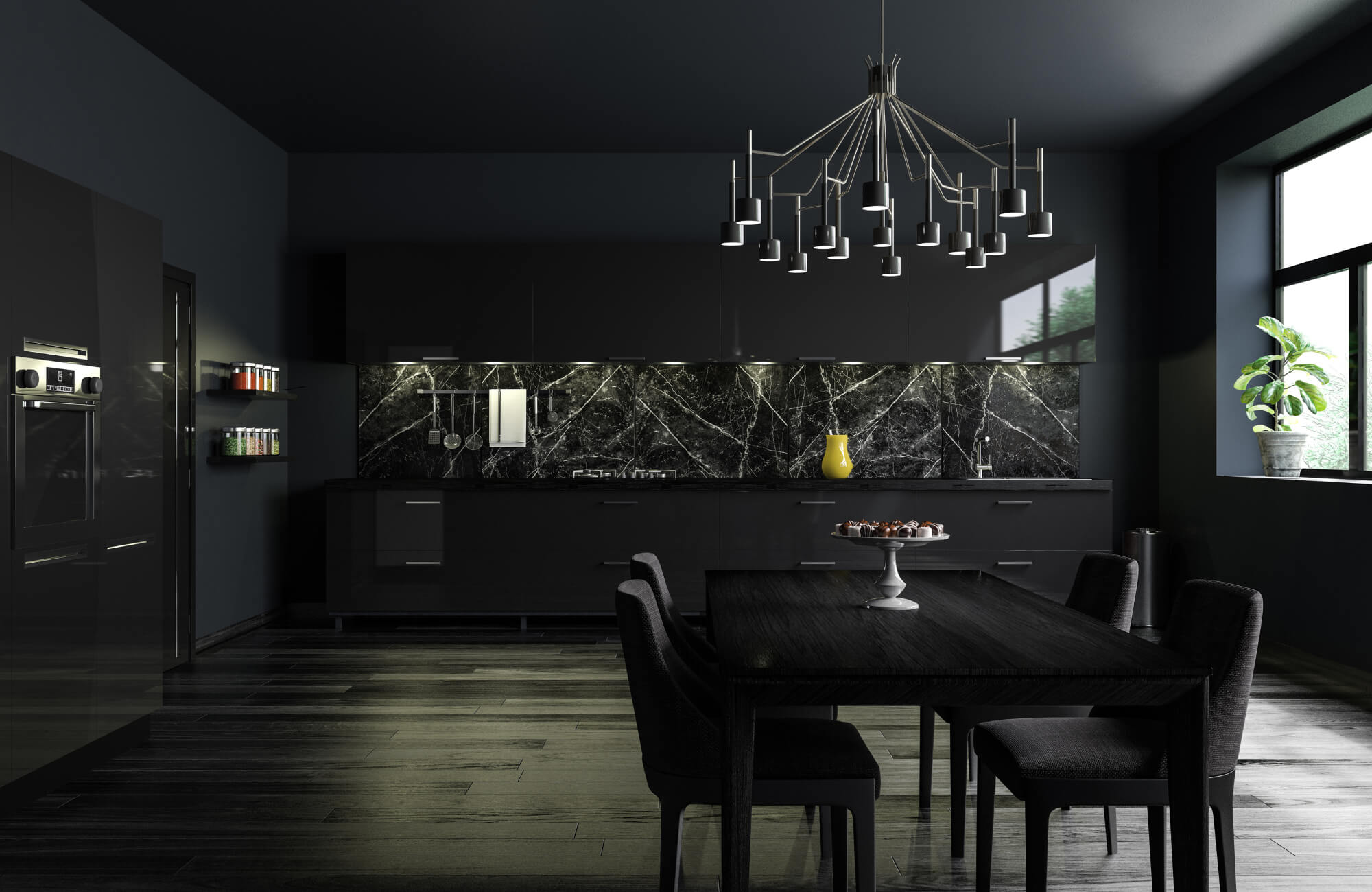 Contemporary black kitchen with a marble backsplash, modern metal chandelier, dark wood dining table, and natural light from large windows.