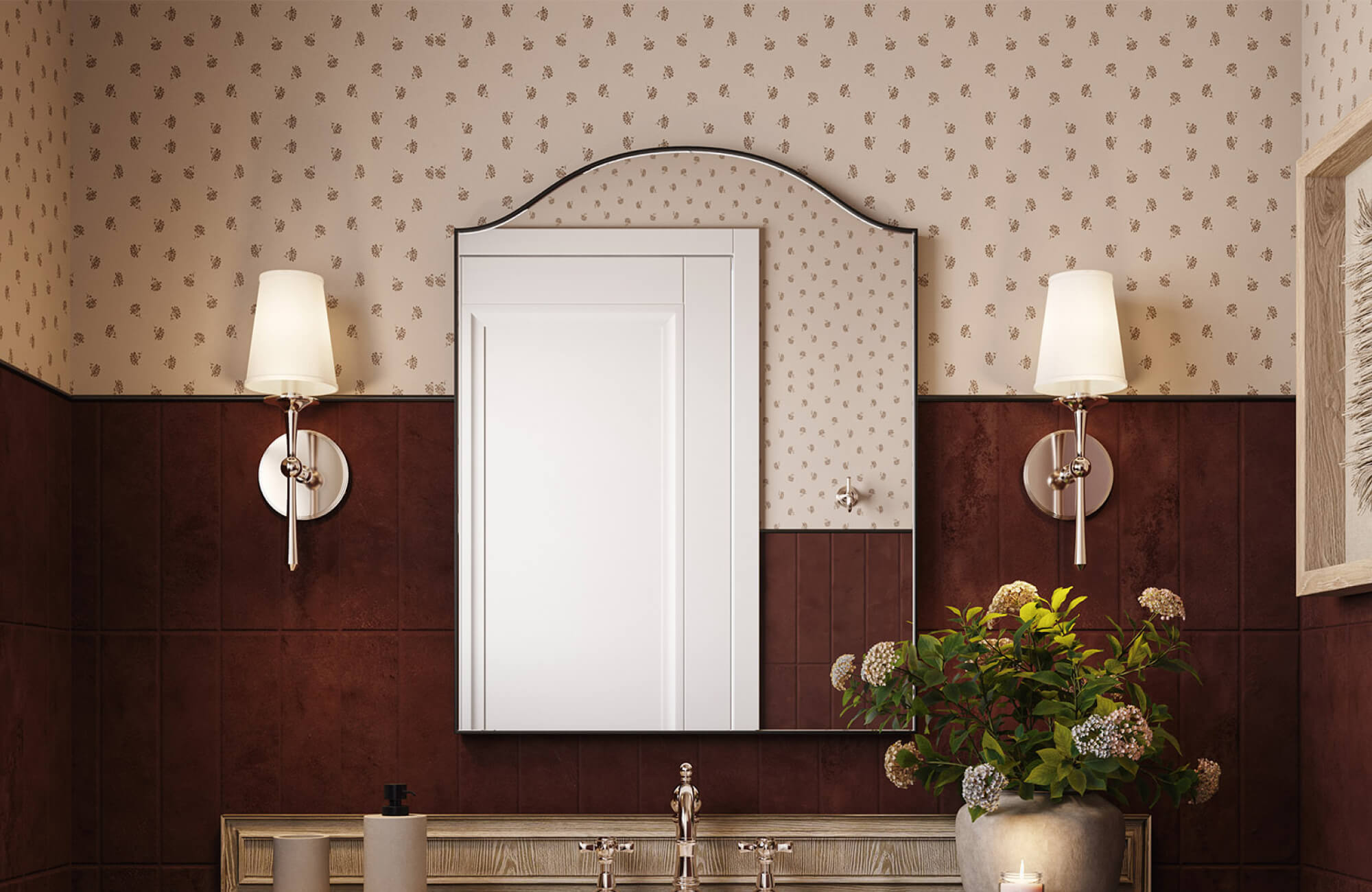 Classic bathroom with patterned beige wallpaper above dark wood paneling, featuring a framed mirror, dual wall sconces, and a warm, traditional look.