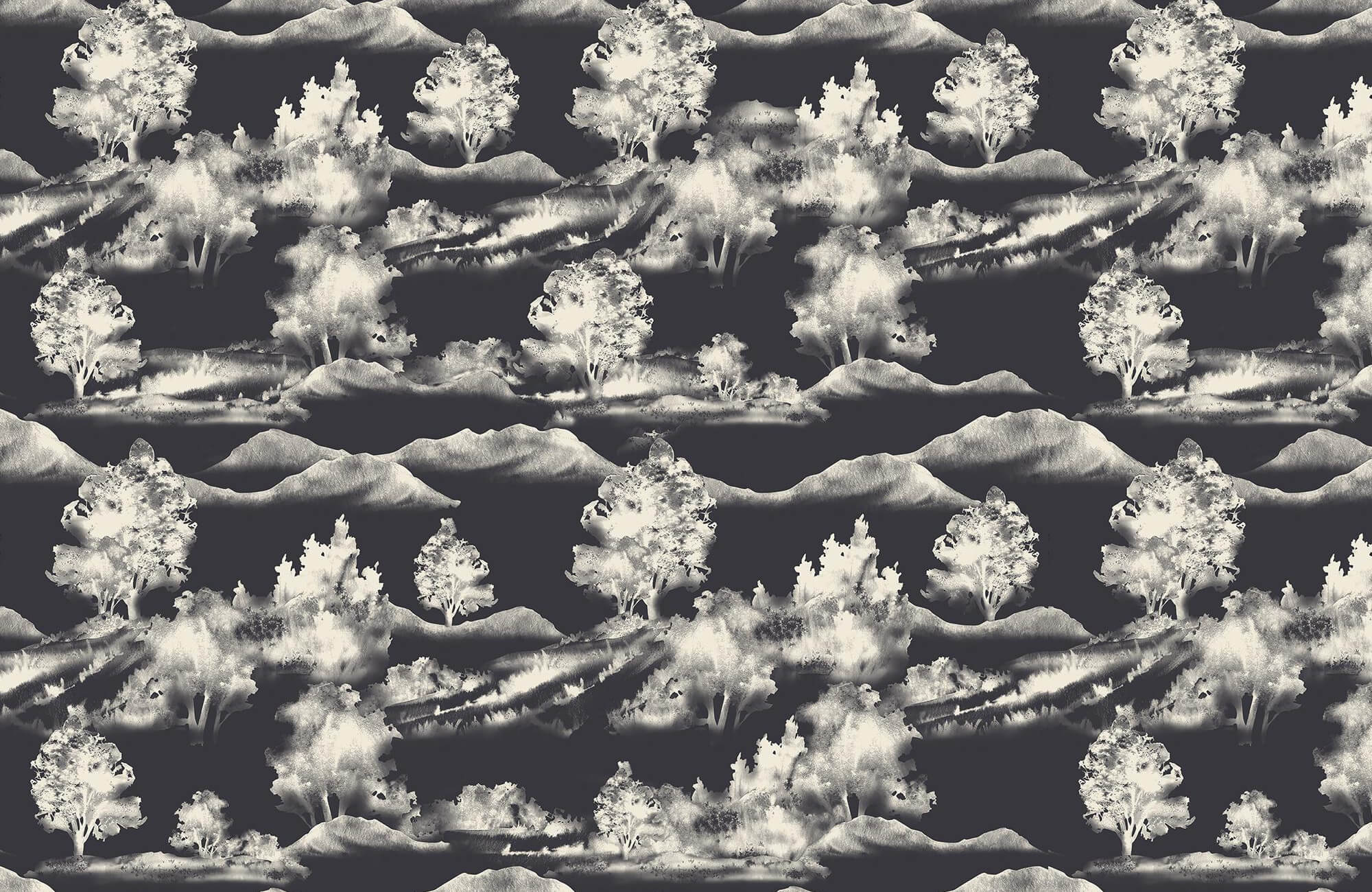 Monochrome scenic wallpaper with trees and mountains in repeating pattern, creating a dramatic and artistic landscape design backdrop.