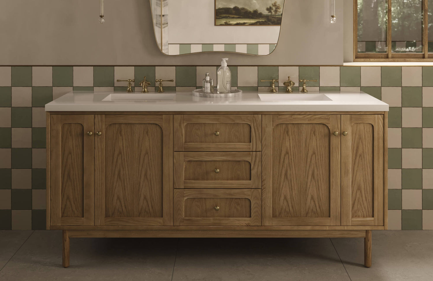 Light wood vanity with a two-tone checkered backsplash showing balanced height and clean countertop alignment.