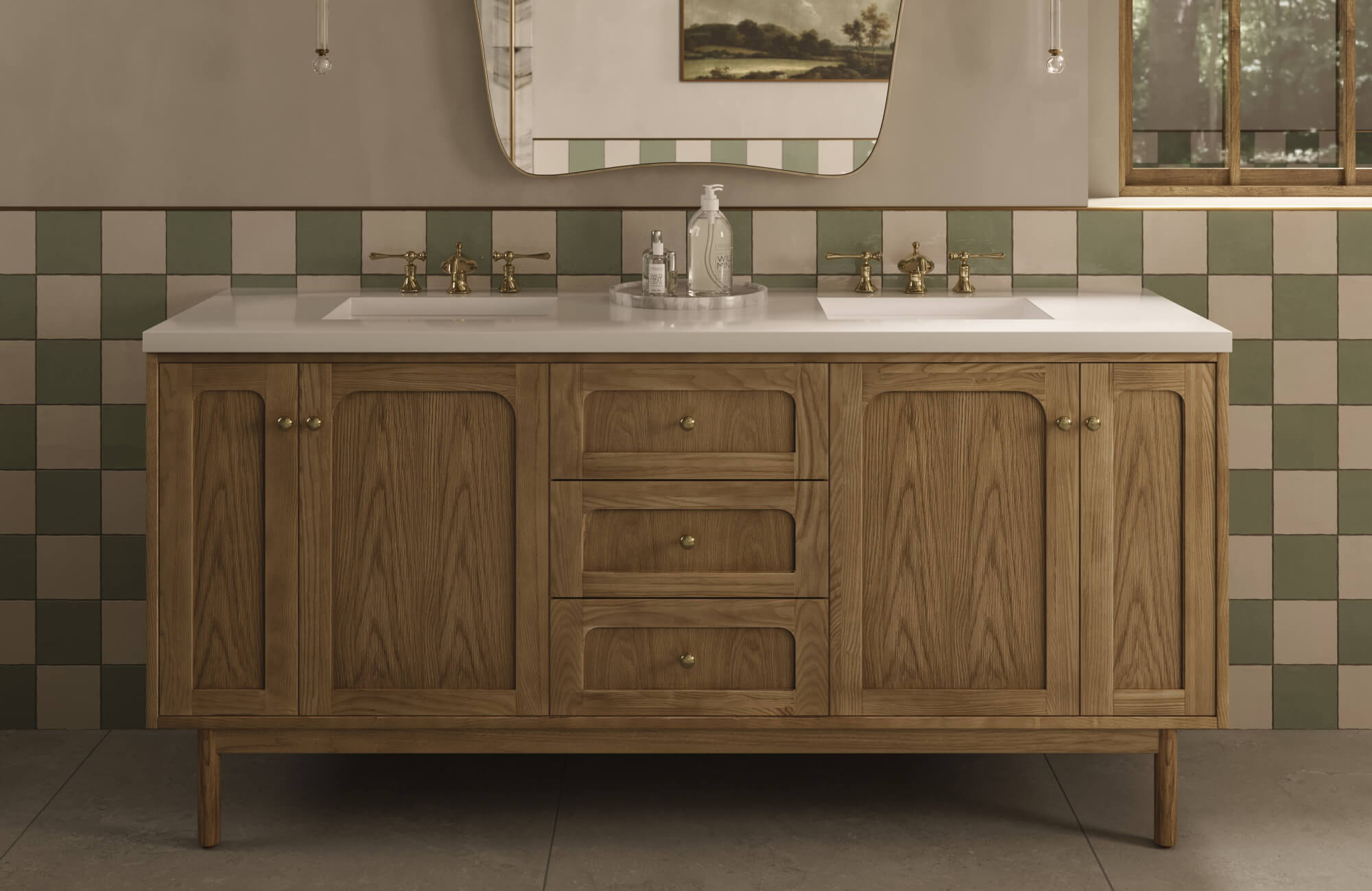 Light wood vanity with a two-tone checkered backsplash showing balanced height and clean countertop alignment.
