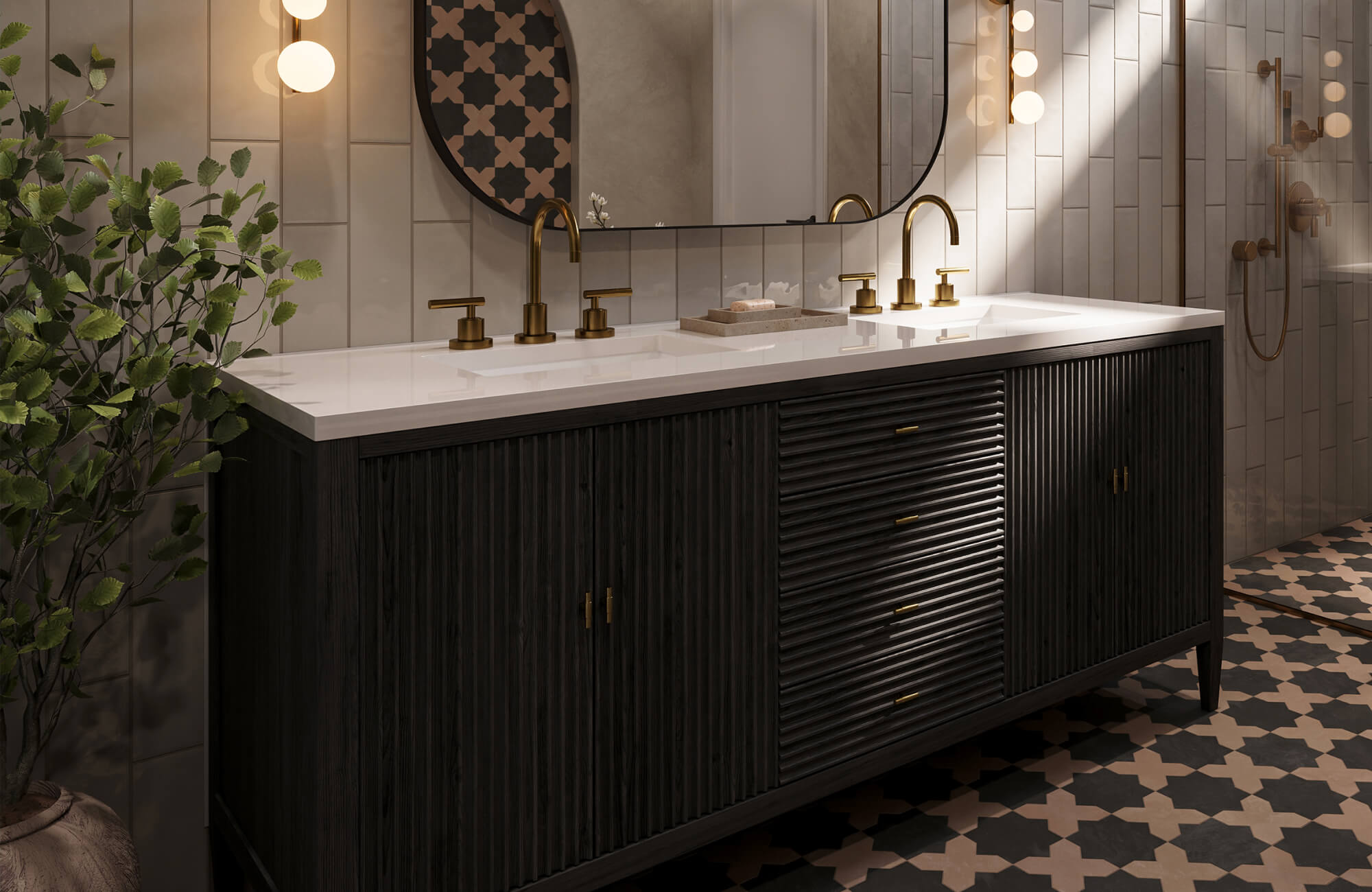 A stylish bathroom vanity with double sink features a dark wood fluted cabinet, sleek white countertop, brushed gold faucets, warm globe sconces, and patterned geometric floor tiles that together create a richly layered, modern-classic atmosphere.