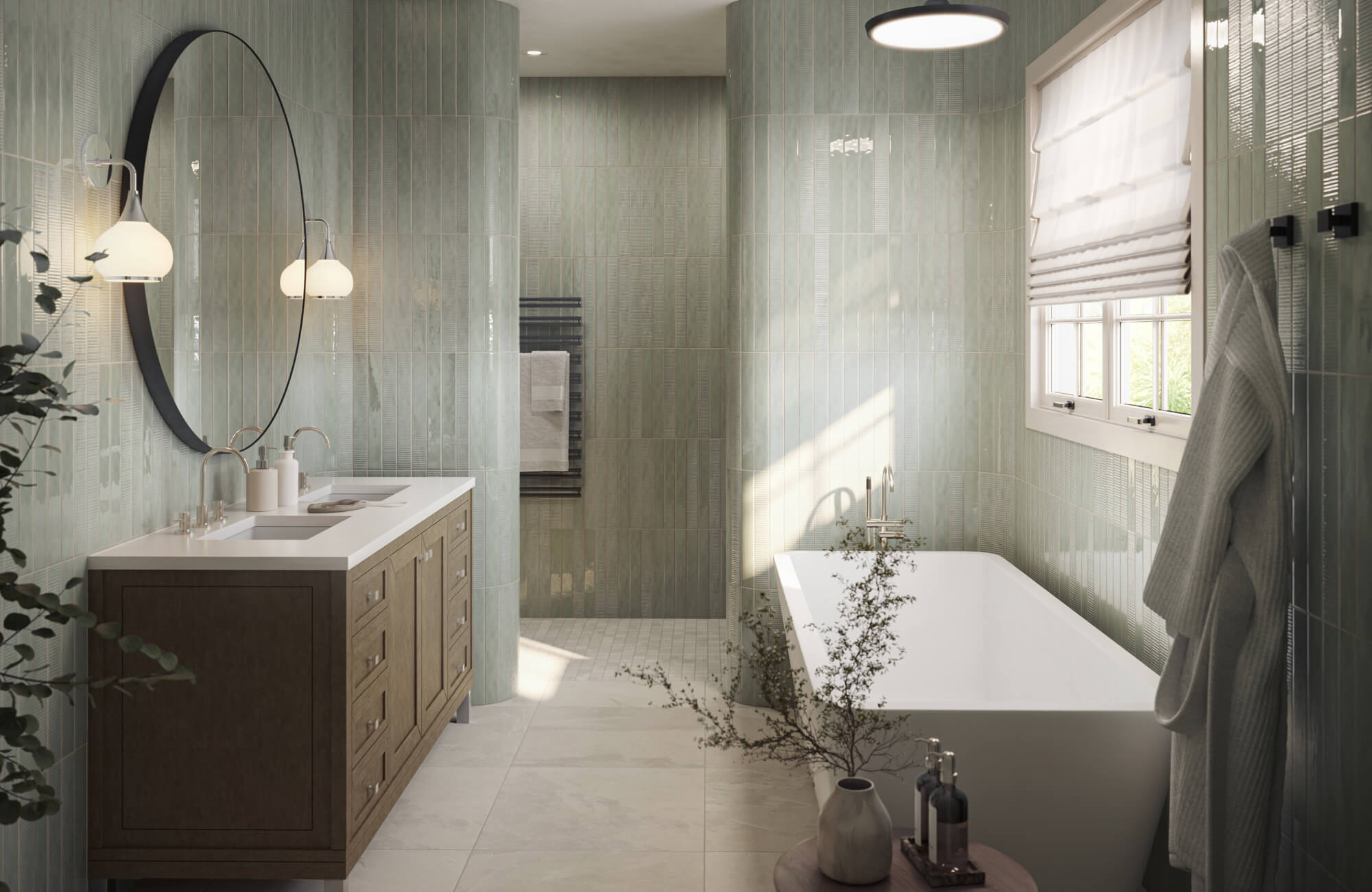 Serene modern bathroom with vertical green subway tile walls, freestanding tub, wood vanity with round mirror, and soft natural light with botanical accents.