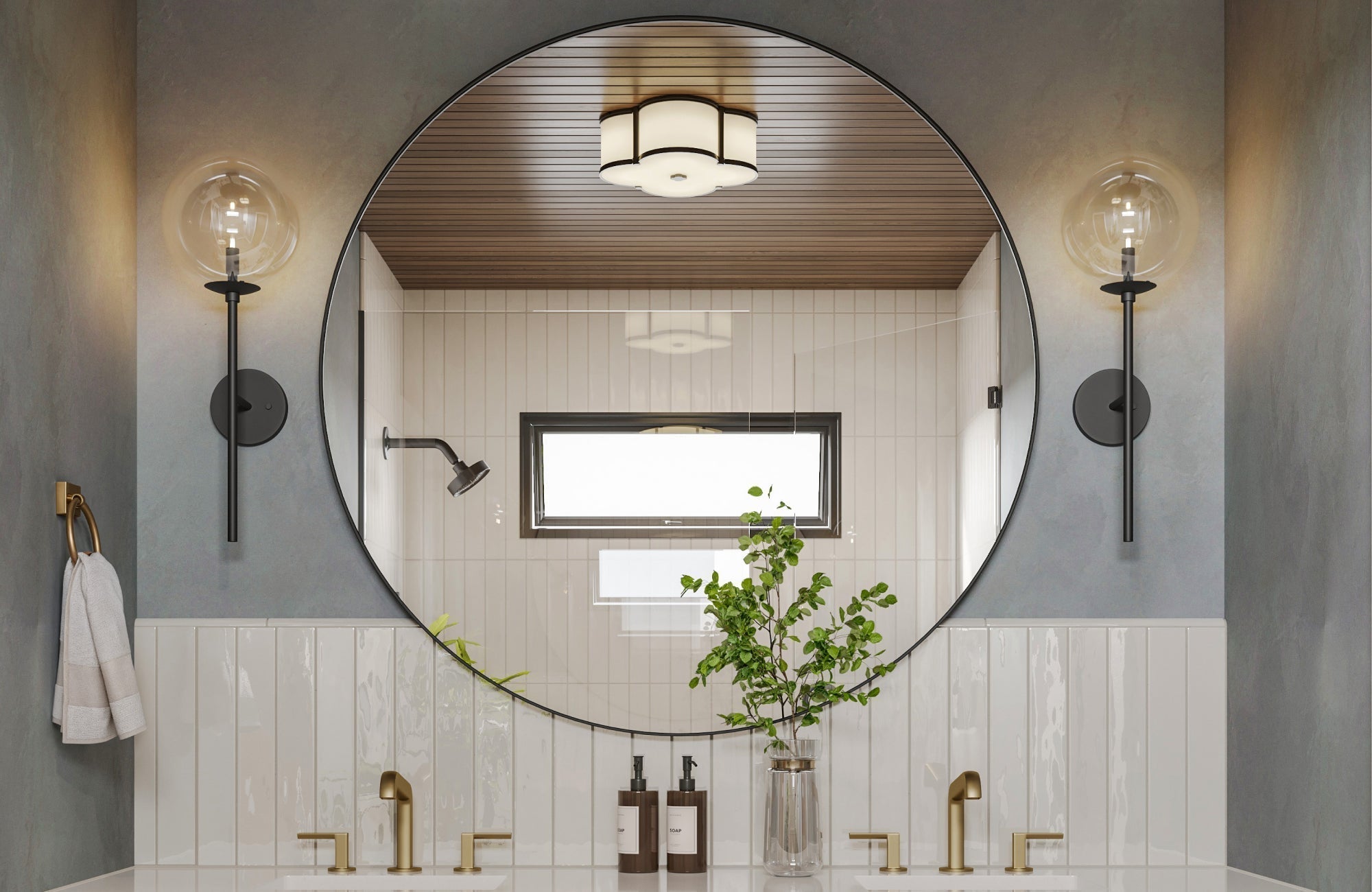 Large round mirror in matte black frame reflecting white tile and wood ceiling in a modern double vanity bathroom.