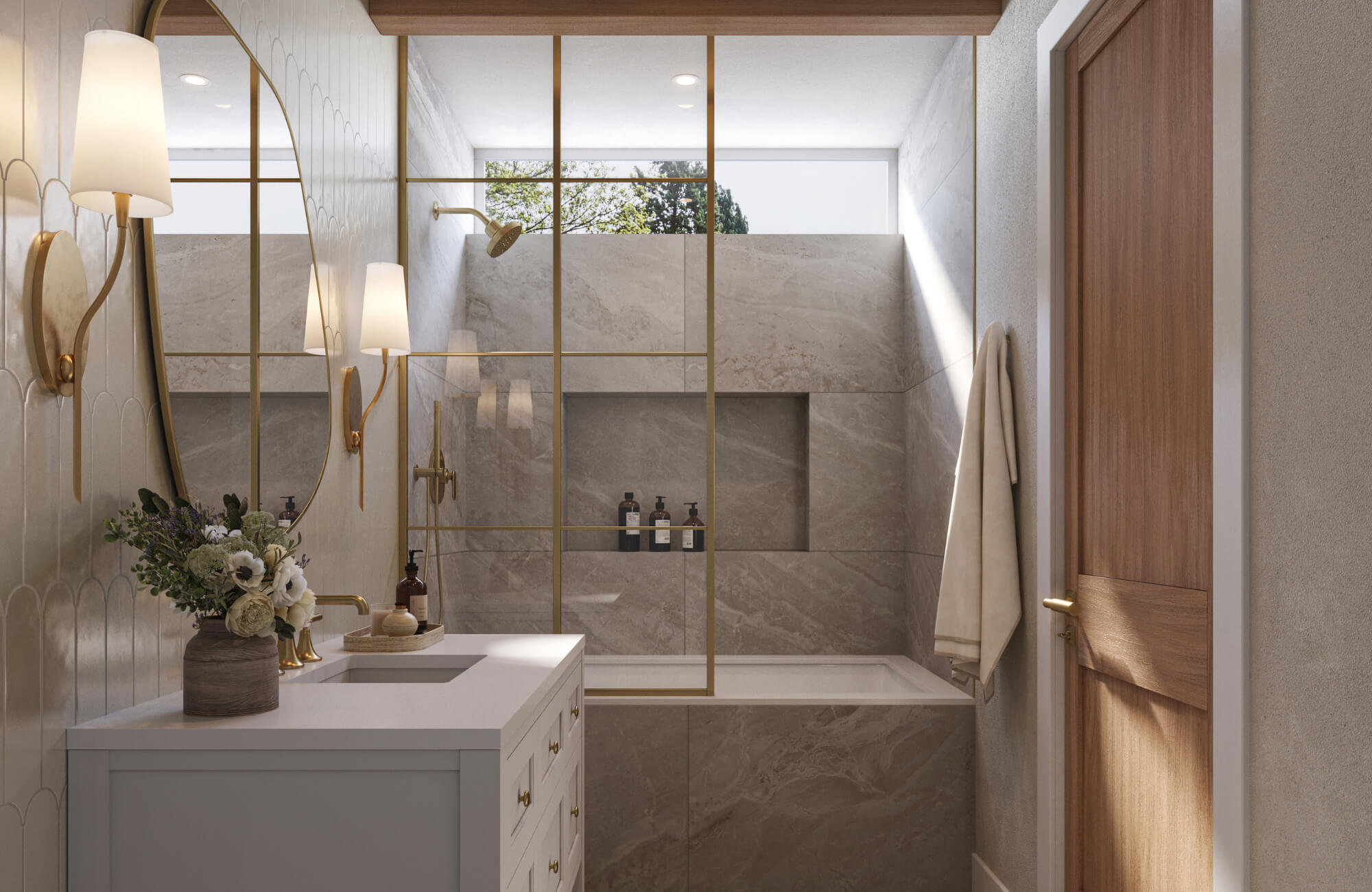 Modern bathroom with large beige marble-look shower tiles, gold-framed glass partition, white vanity, and wood door accents.