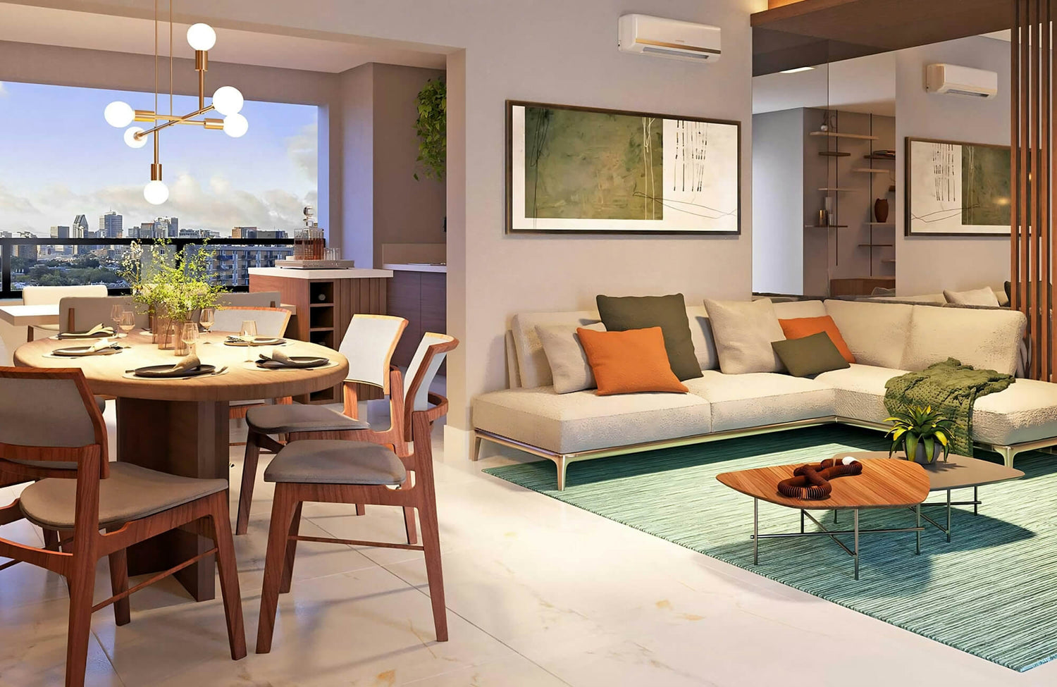 Green area rug anchors an open living and dining space, adding contrast against light floors, warm wood furniture, and neutral seating.