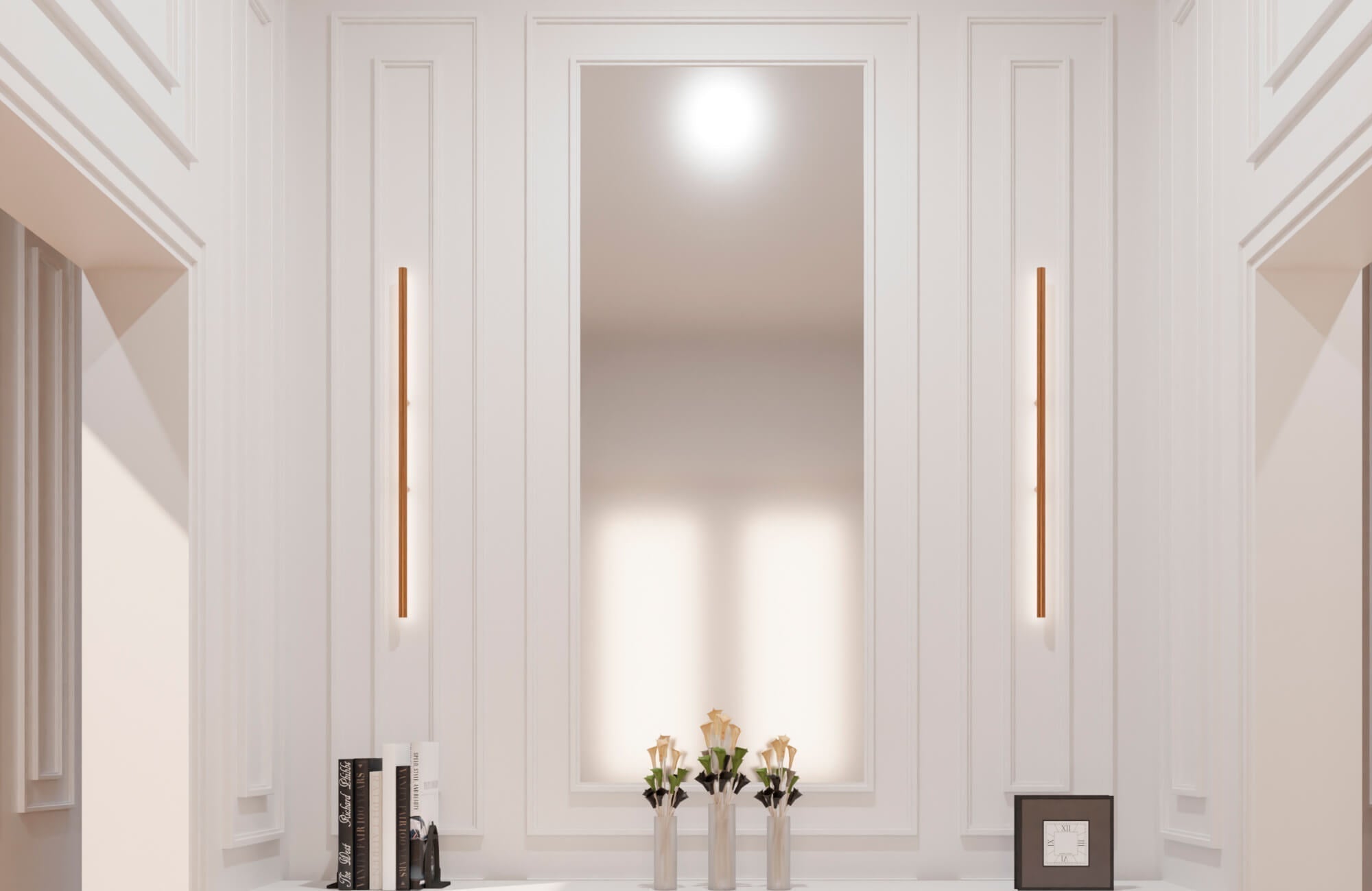 Tall rectangular bathroom mirror set within elegant white paneling, flanked by slim vertical recessed LED light fixtures that create a soft, balanced glow.